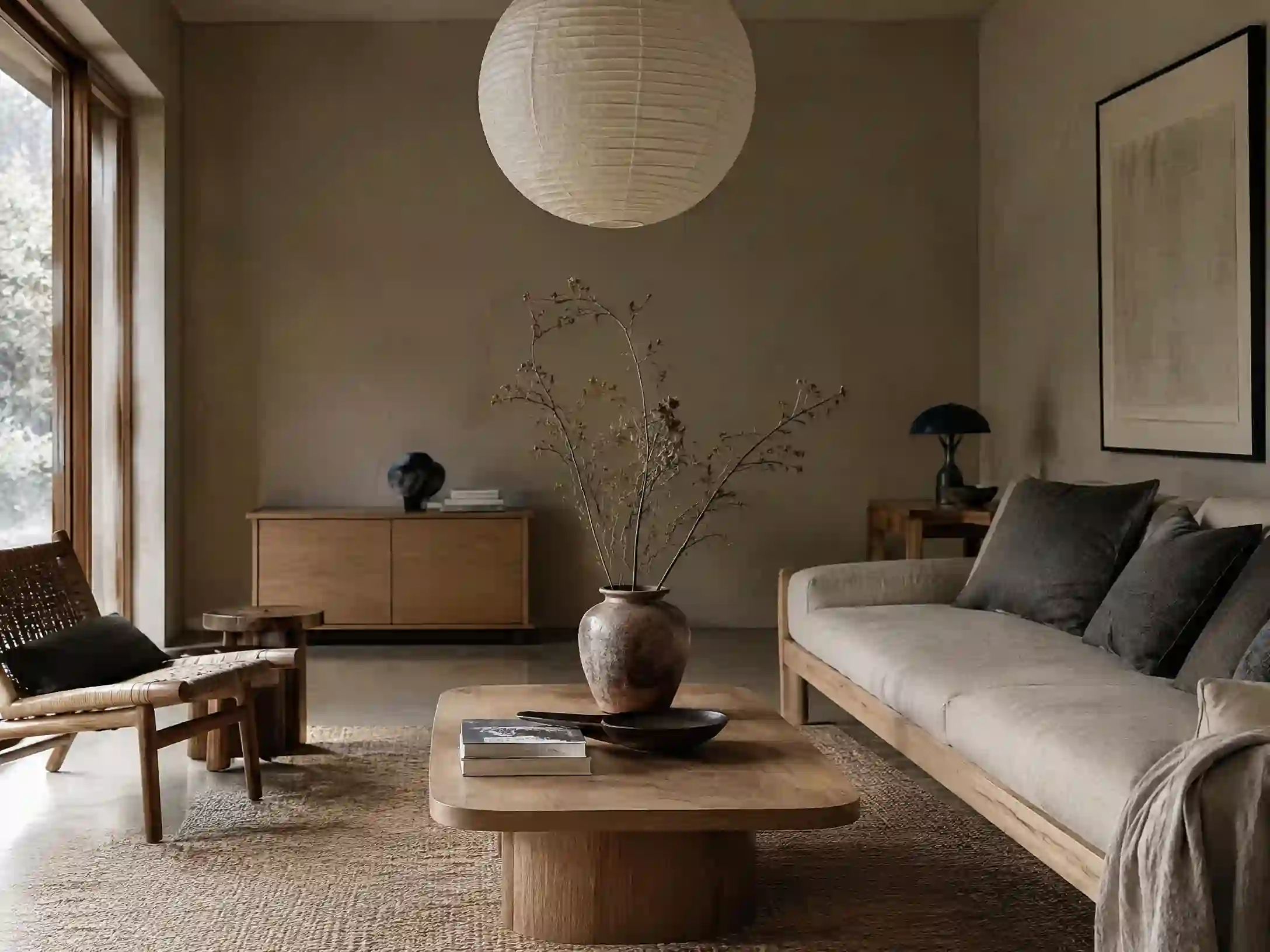 Greige, charcoal, and natural oak Japandi-Scandi room