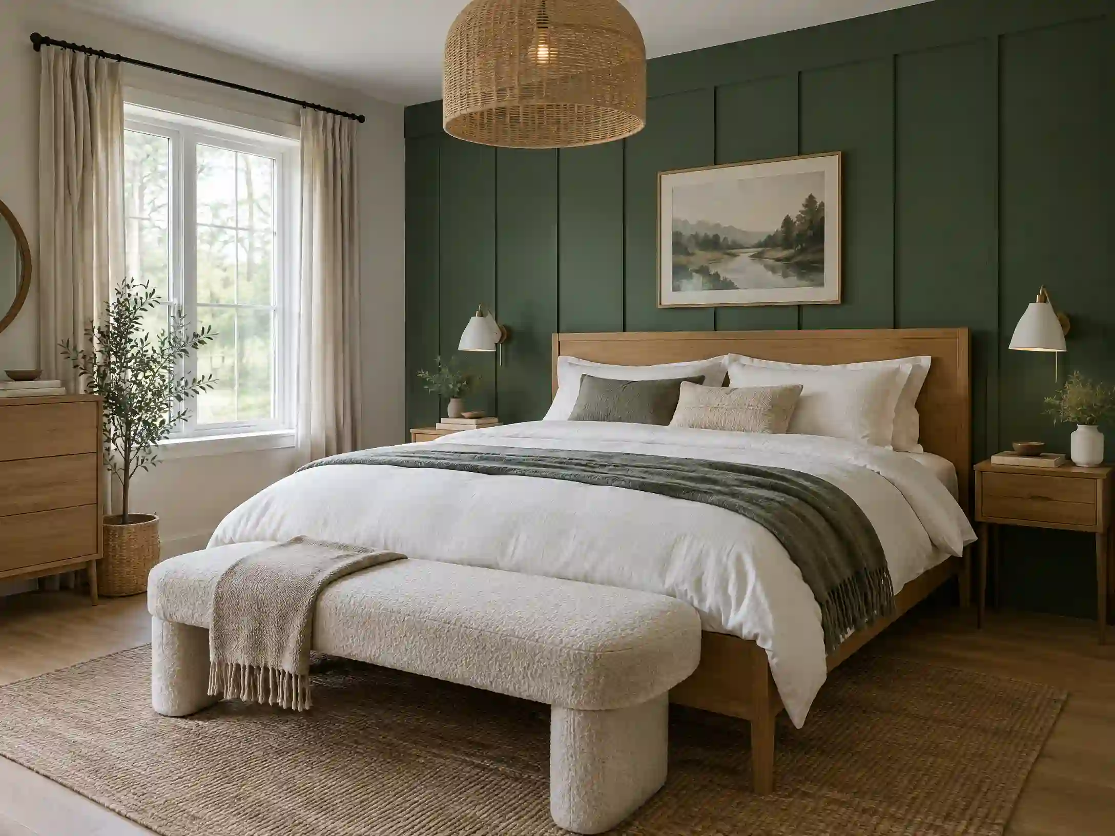 Pine green, cream, and honey oak Scandinavian bedroom