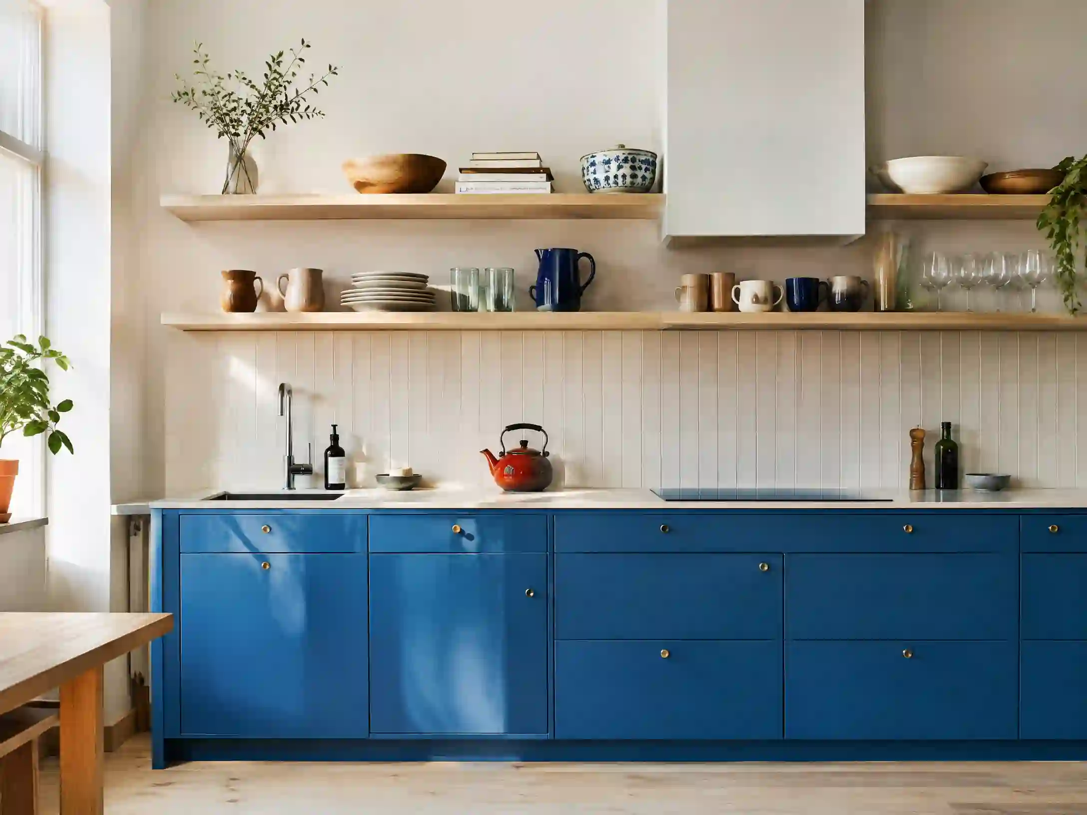 Cobalt, birch, and tomato-red colorful Scandinavian kitchen