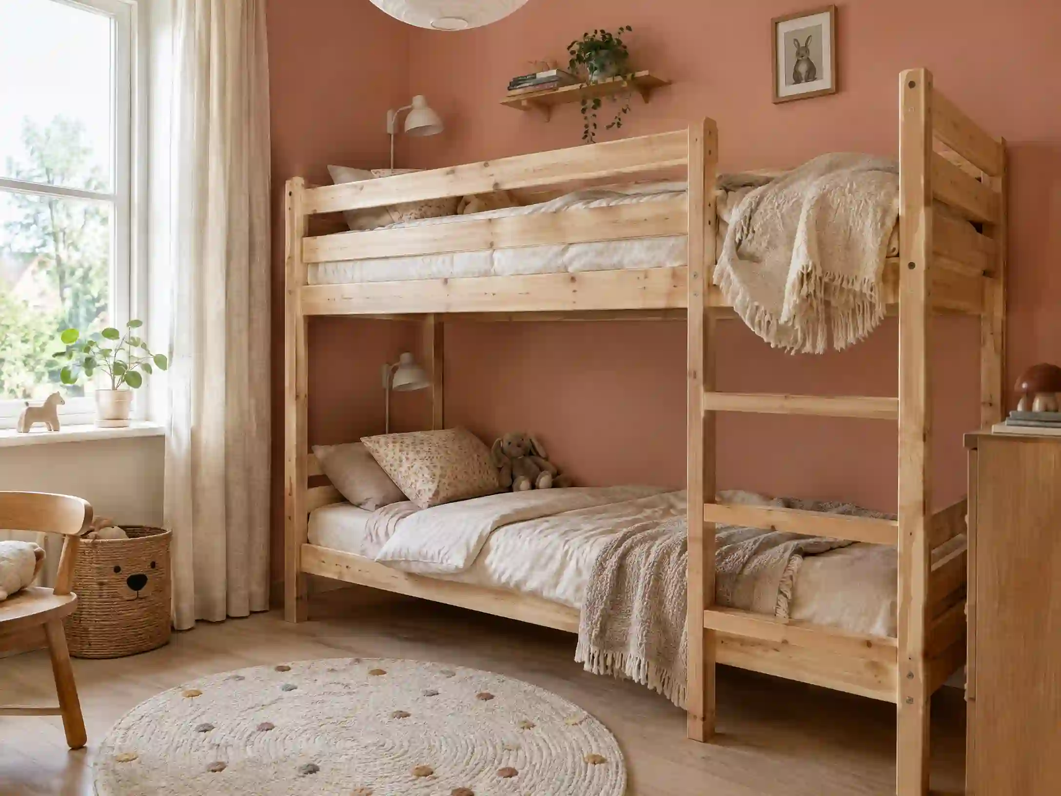 Coral, cream, and natural wood Scandinavian children's room