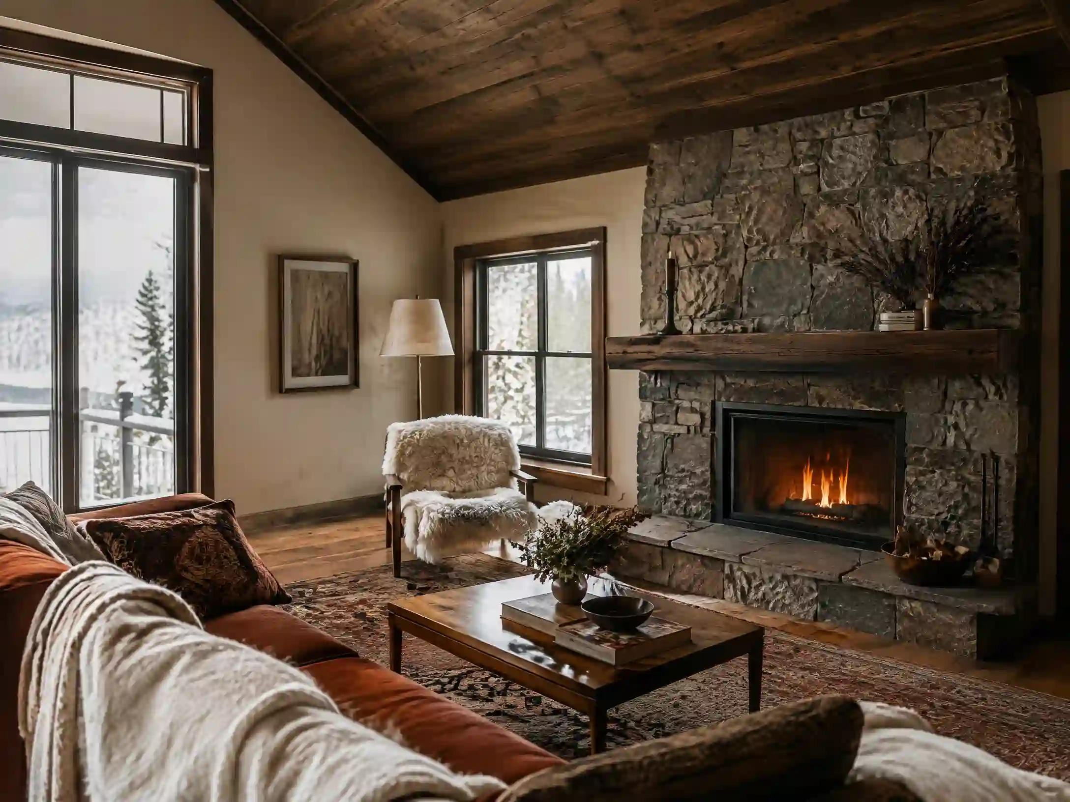 Smoky stone, rust, and cream Nordic mountain cabin room