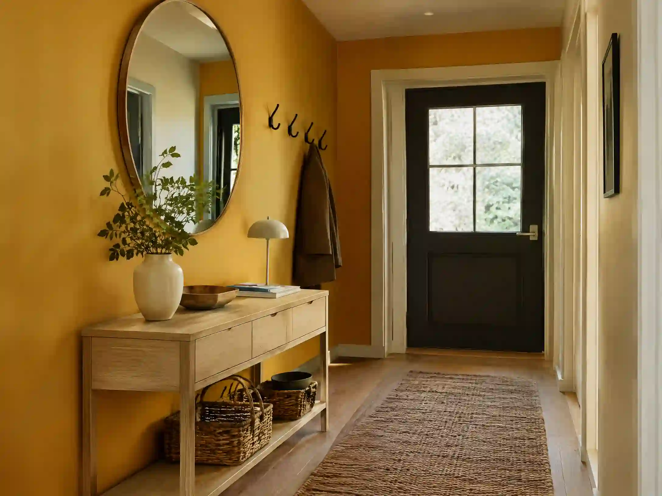 Saffron, white oak, and black-hook Scandinavian hallway