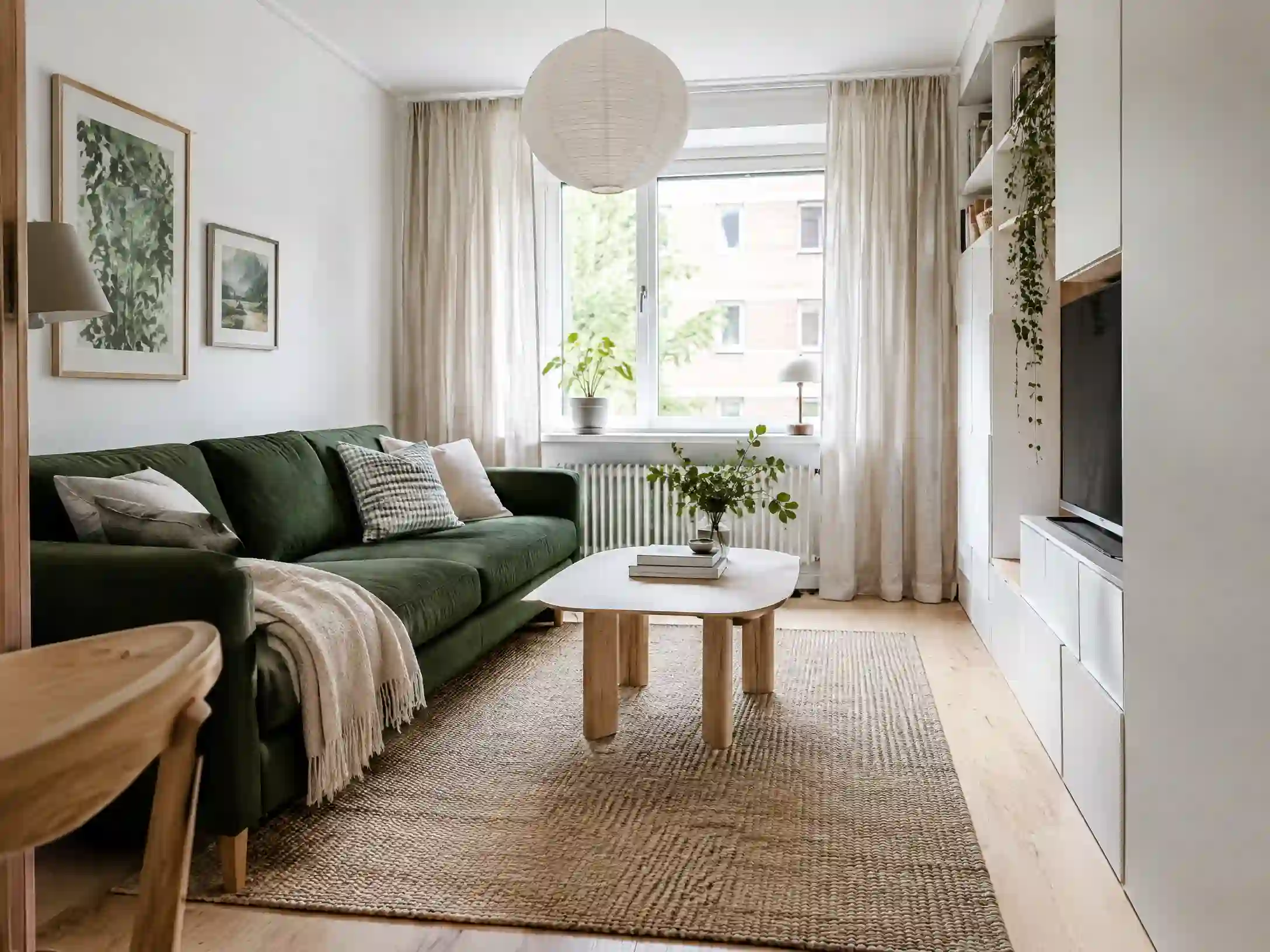 Bright white, fern green, and birch small Scandinavian apartment