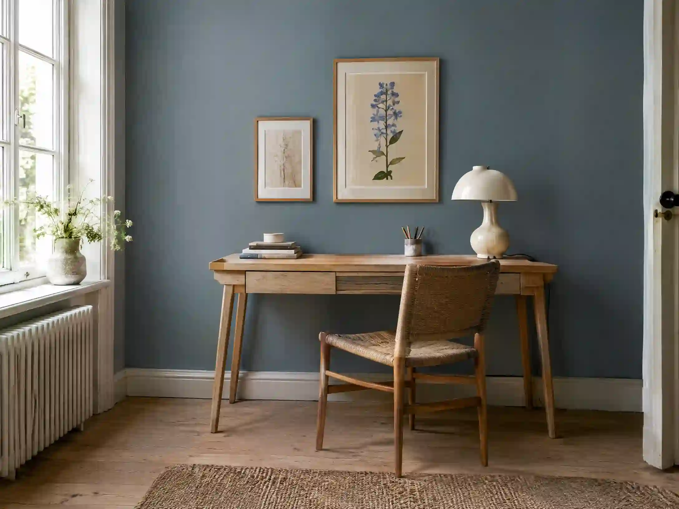 Dusty blue, oak, and botanical Scandinavian study corner
