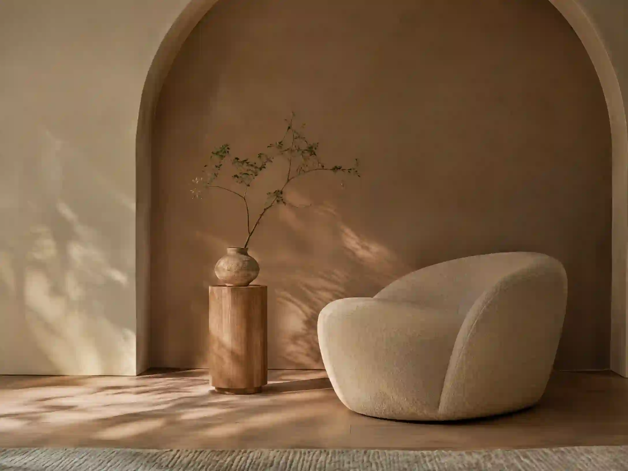 Muted clay, cream, and single-branch Scandinavian alcove