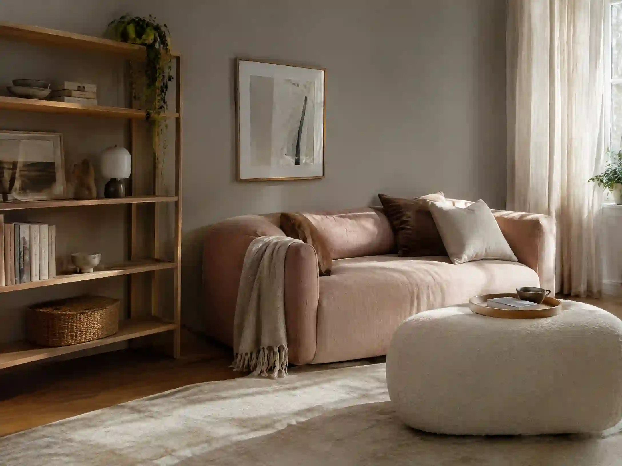 Warm gray, pale pink, and oak soft Scandinavian lounge