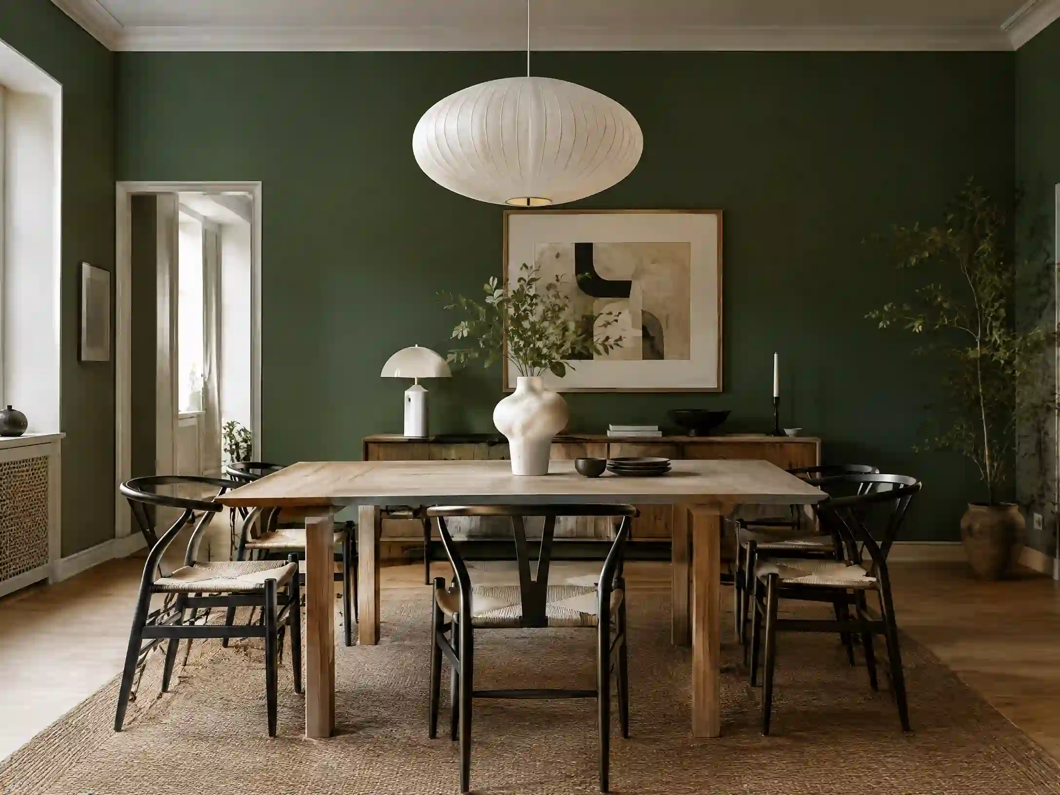 Forest green, white oak, and black wishbone Scandinavian dining room