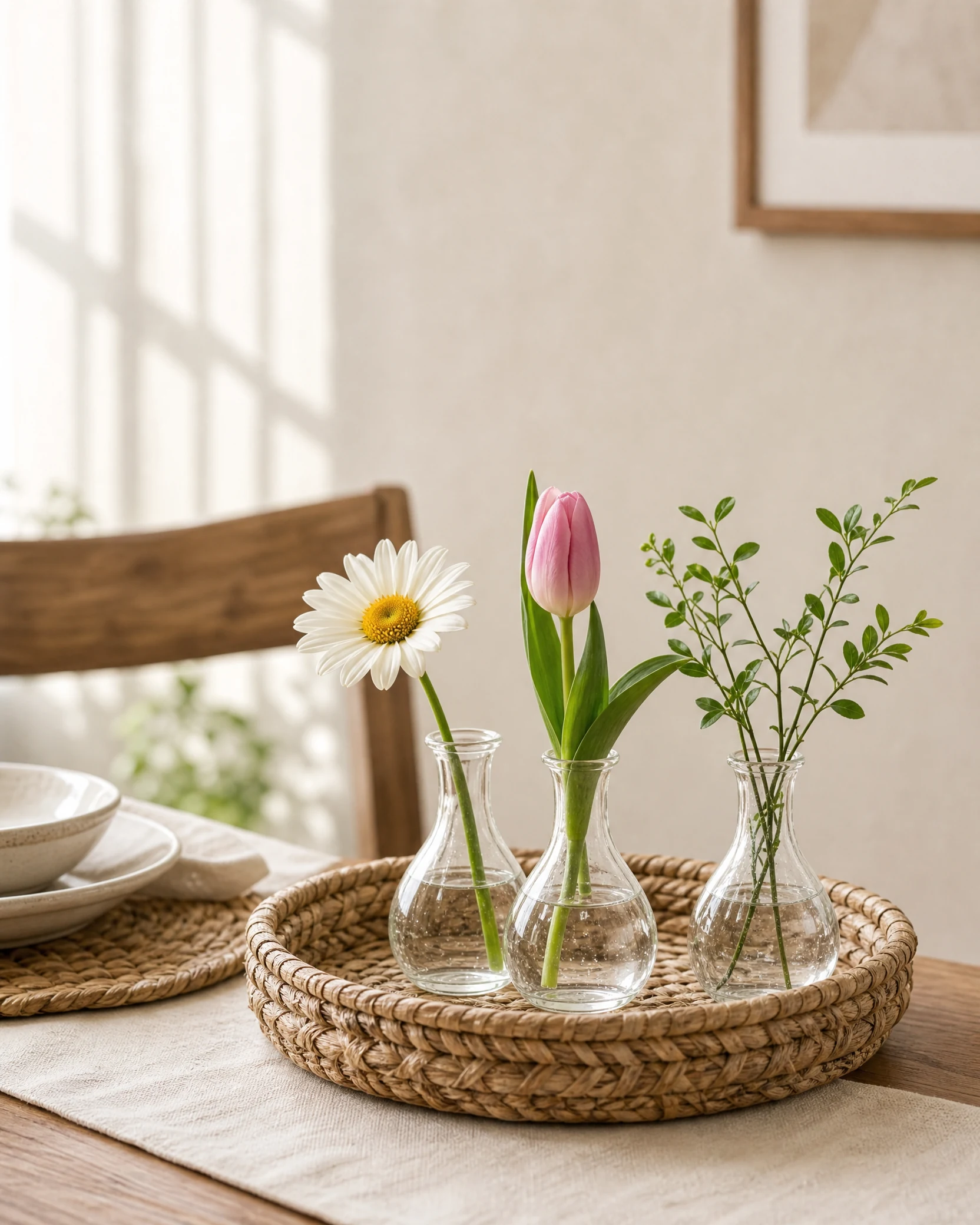 Three small bud vases arranged on a dining table