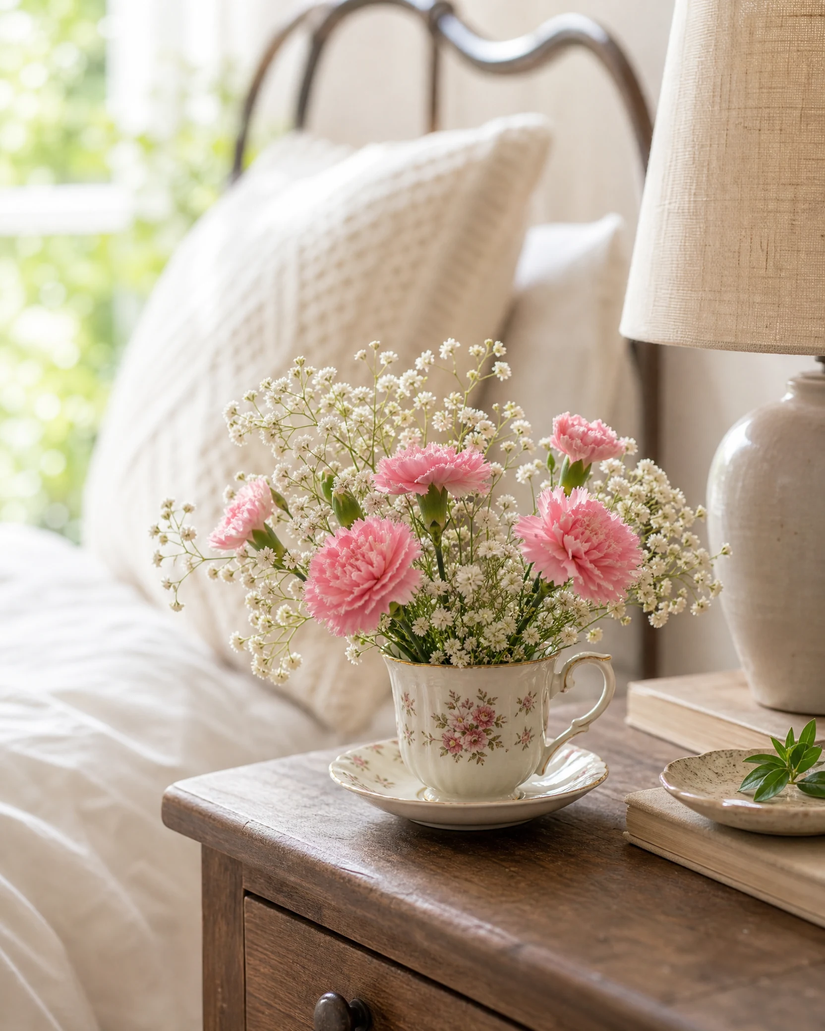 Pink carnations arranged in a vintage teacup
