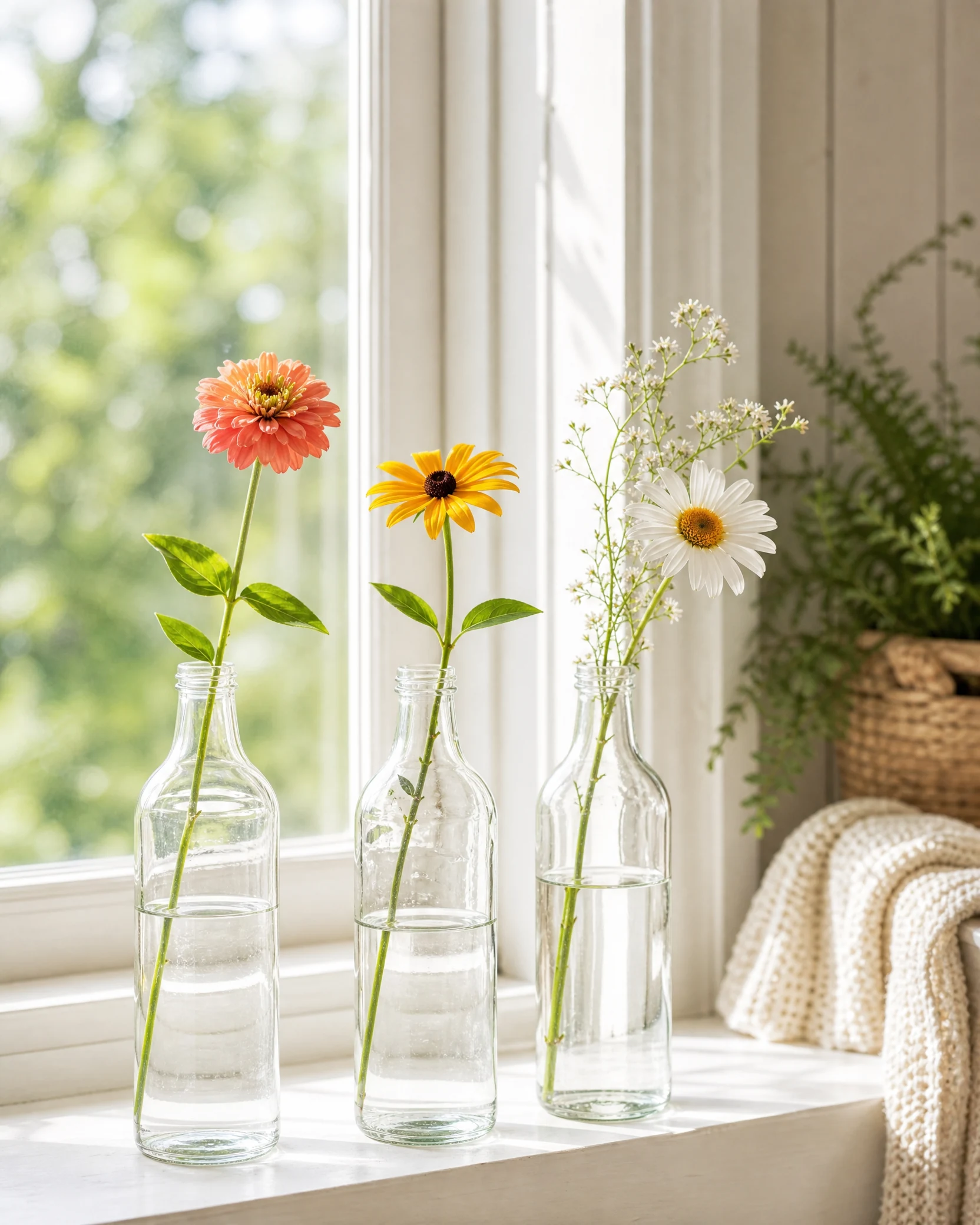 Three recycled bottles with single flowers on a windowsill