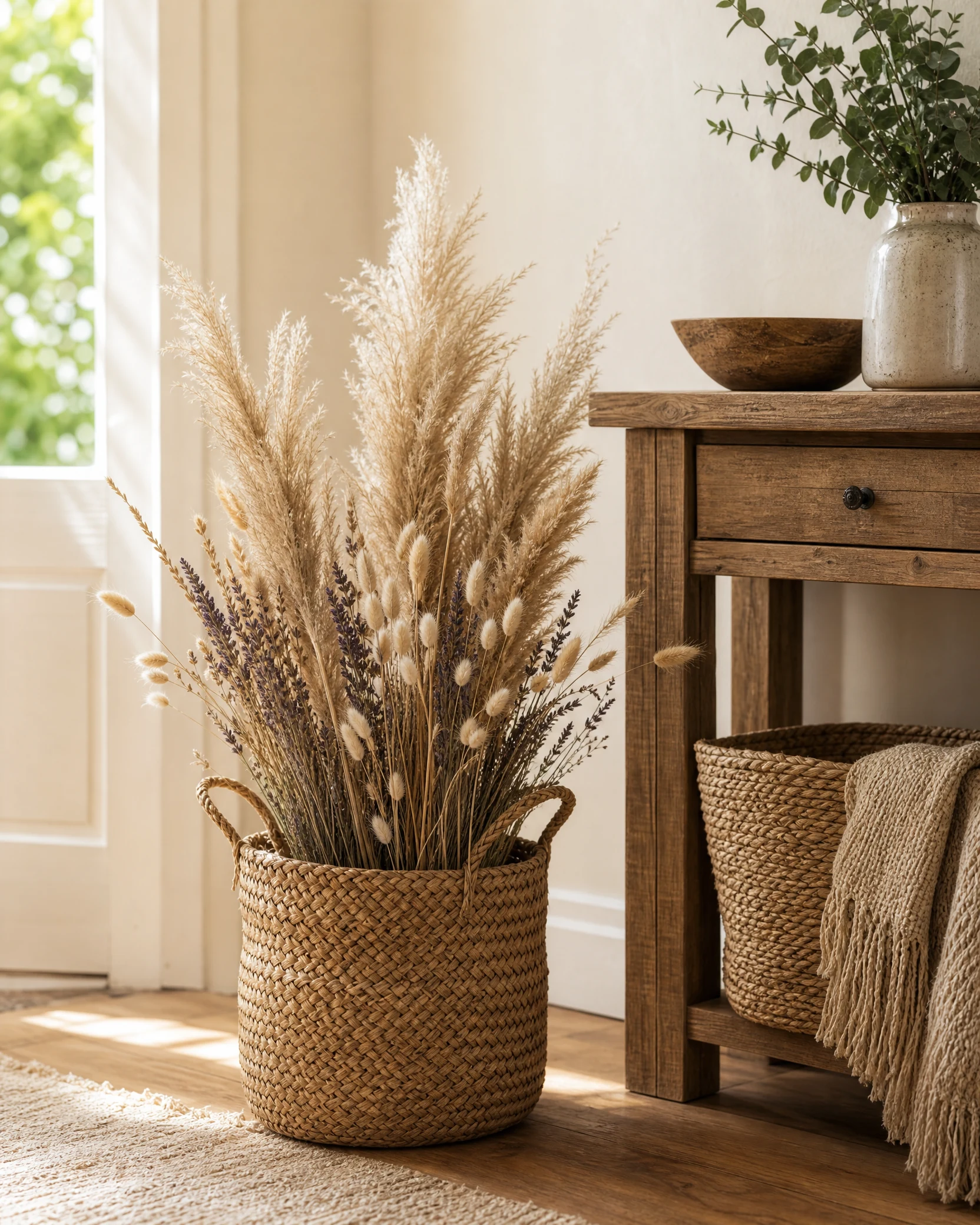 Dried grasses and lavender in a woven basket
