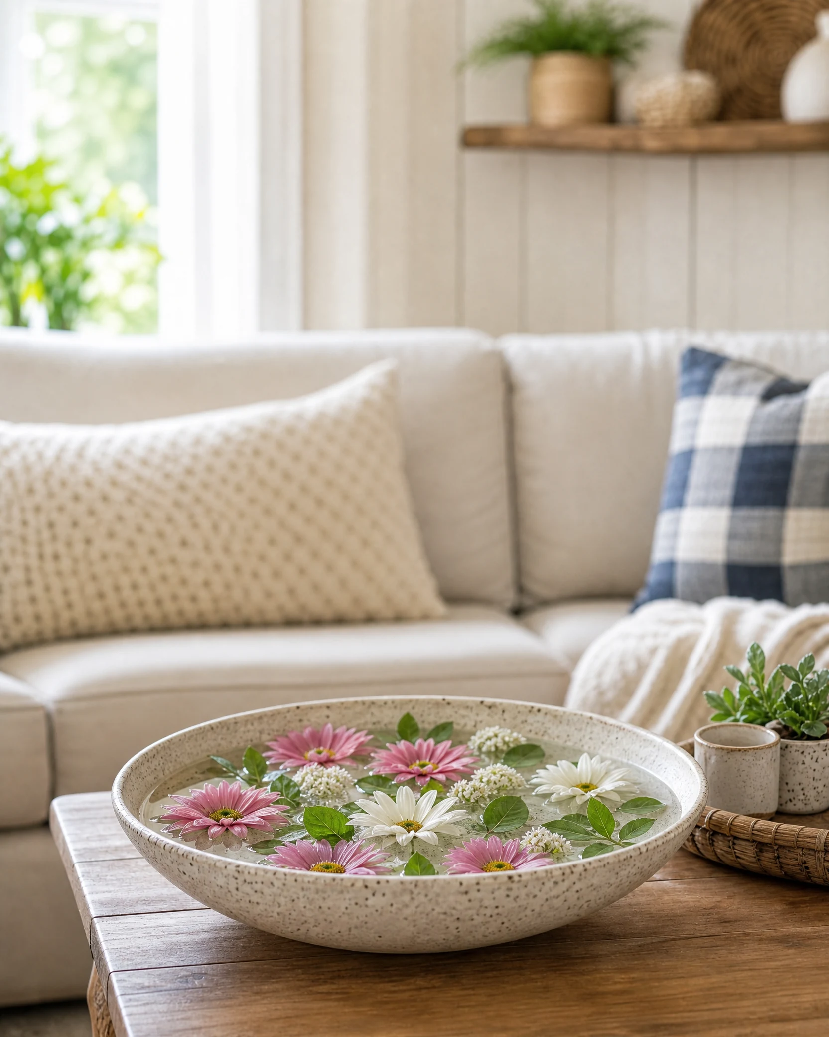 Floating flower heads in a shallow ceramic bowl