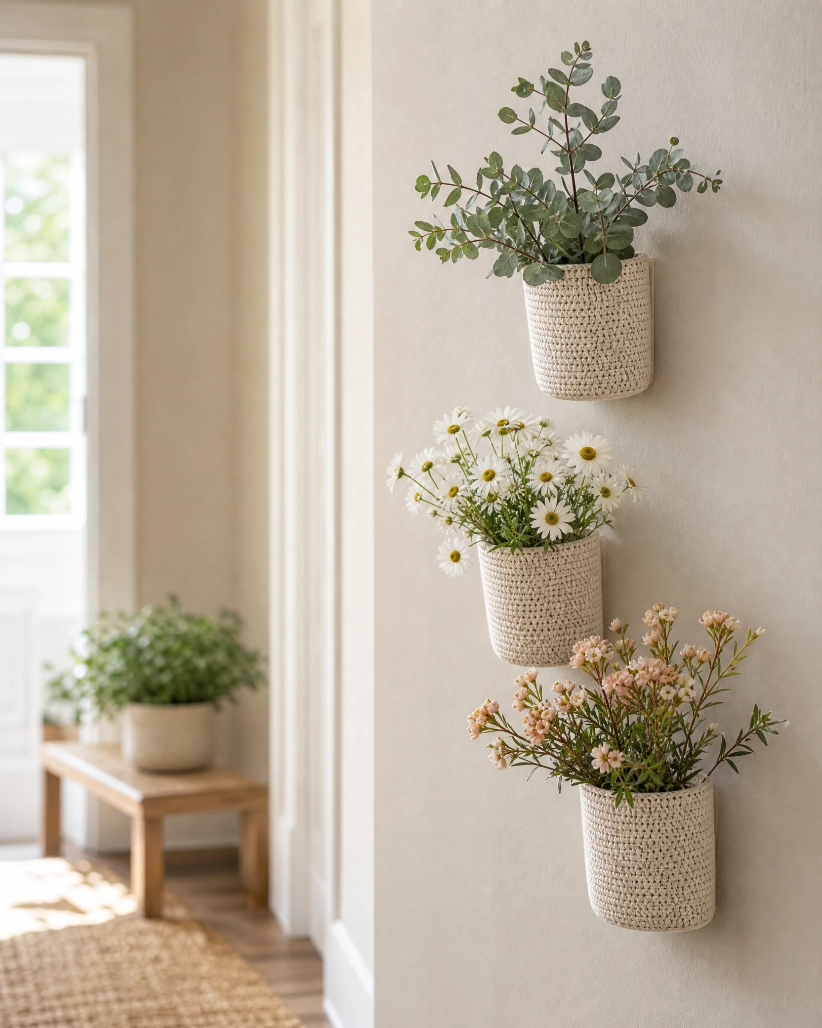 Three wall-mounted pocket planters with flowers in a hallway
