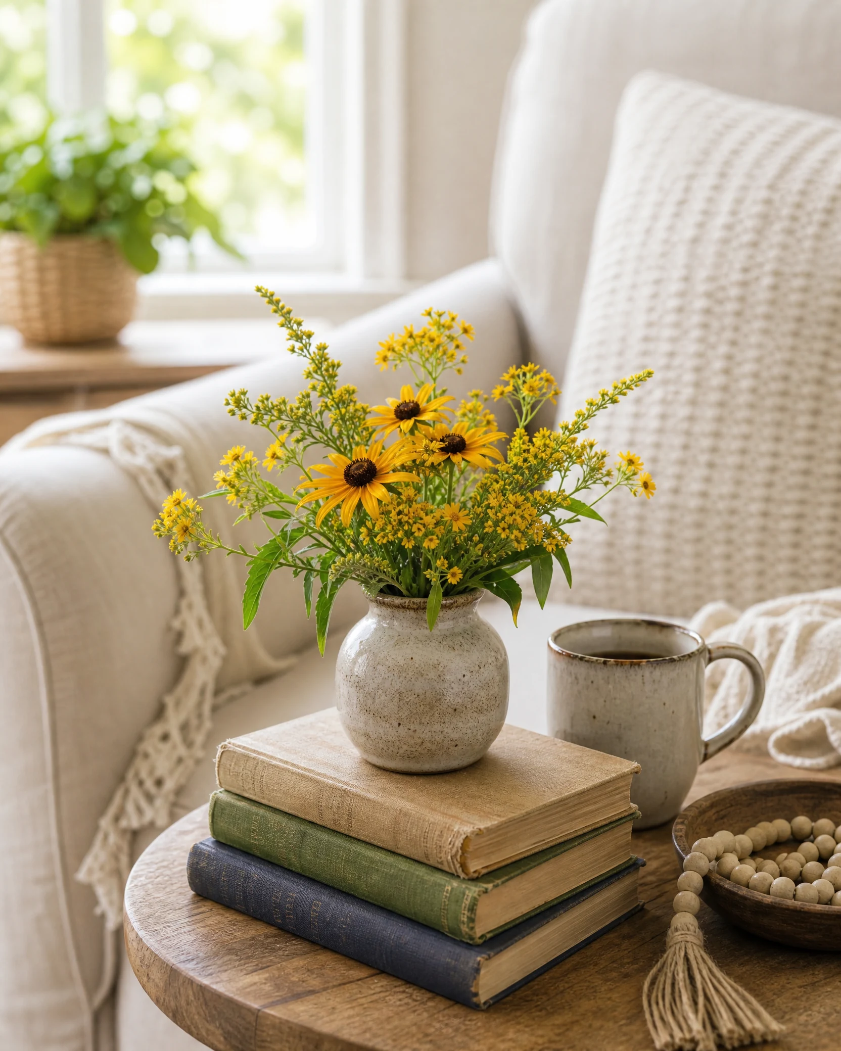 A small yellow flower vase on a stack of thrifted books