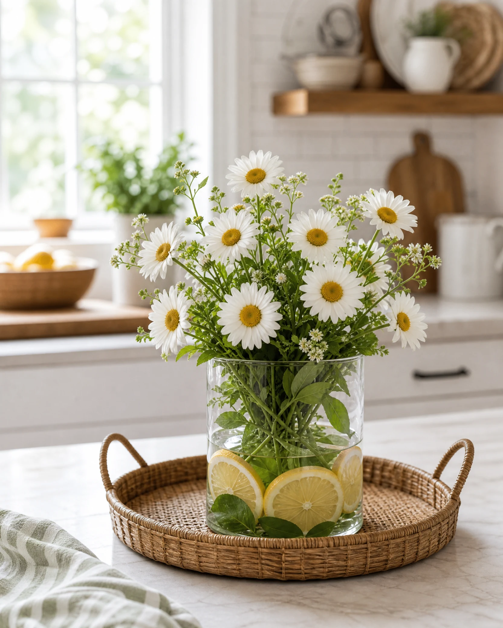 A daisy vase with lemon slices in a kitchen tray