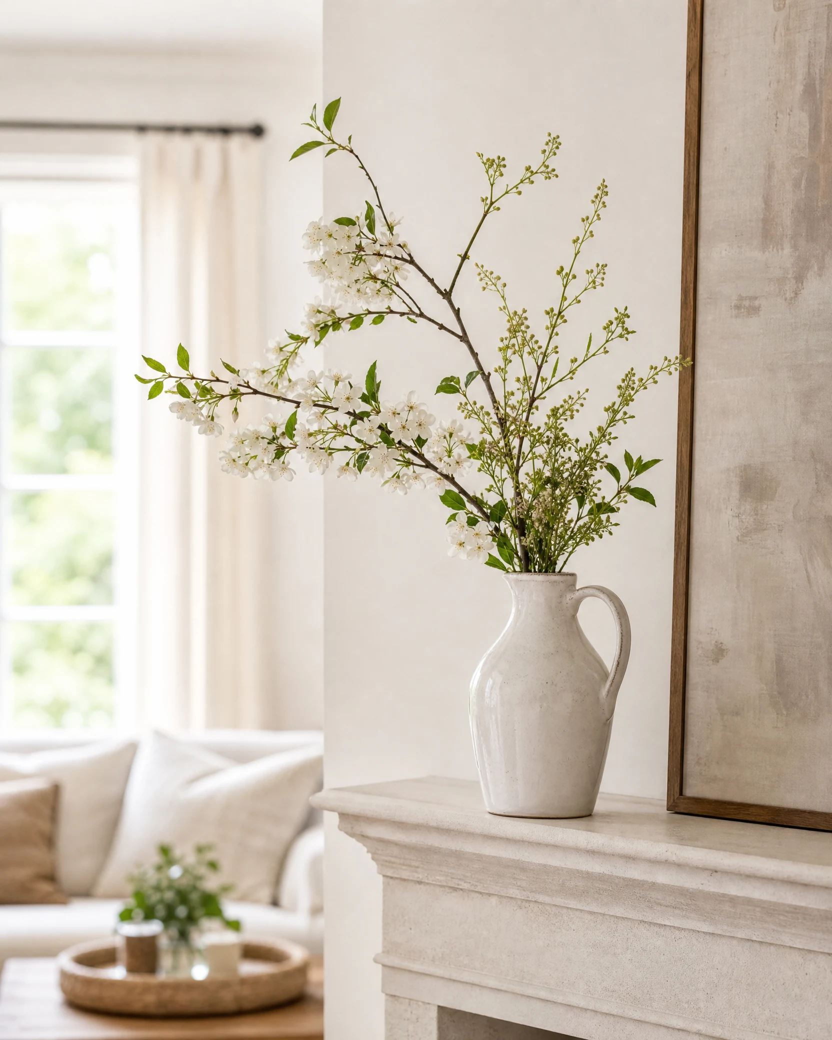 A flowering branch displayed in a white ceramic pitcher
