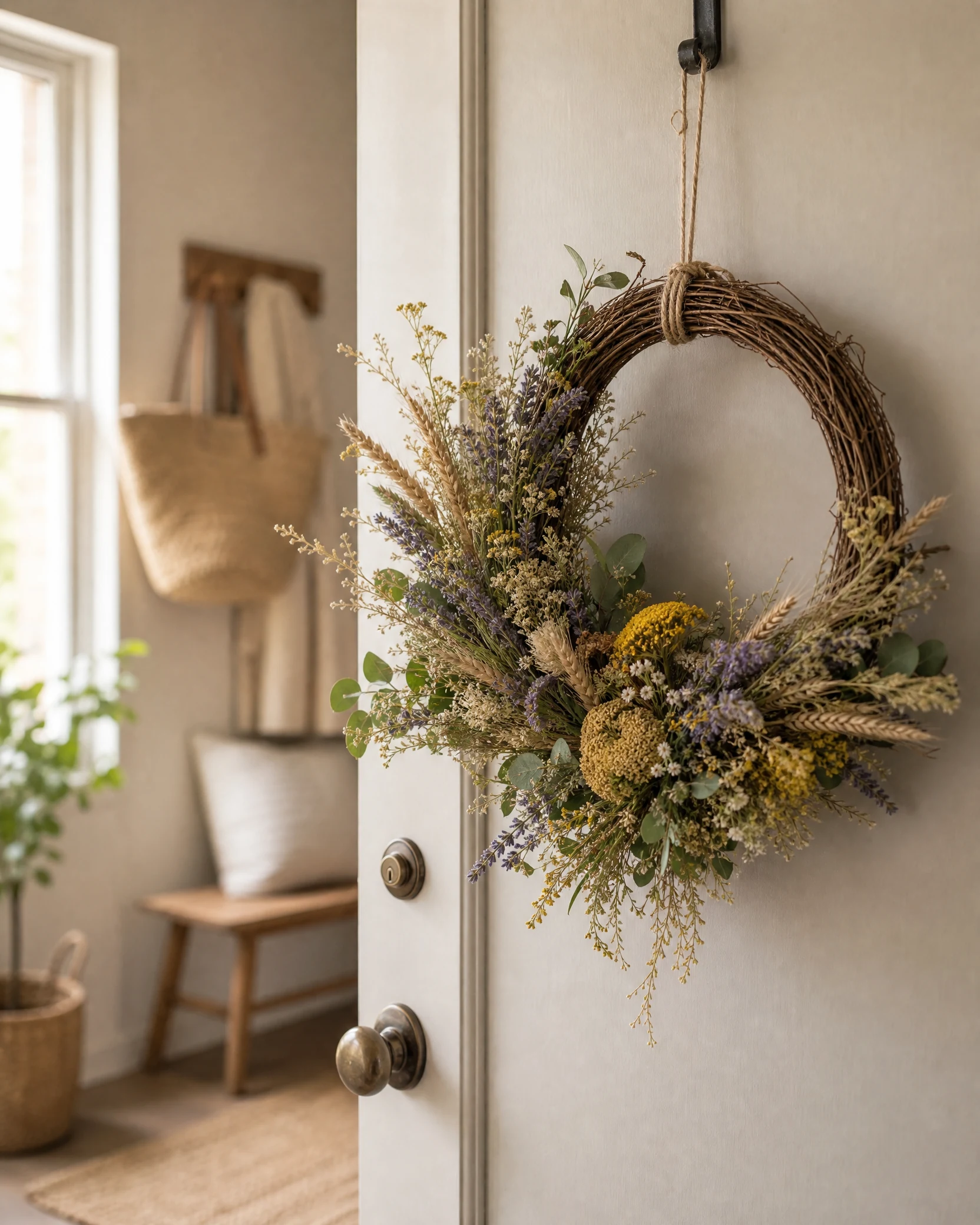 A handmade dried flower wreath hanging on an entry door