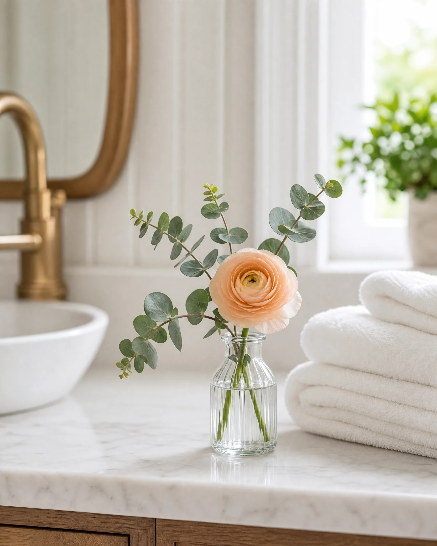 A peach ranunculus and eucalyptus in a small bathroom vase
