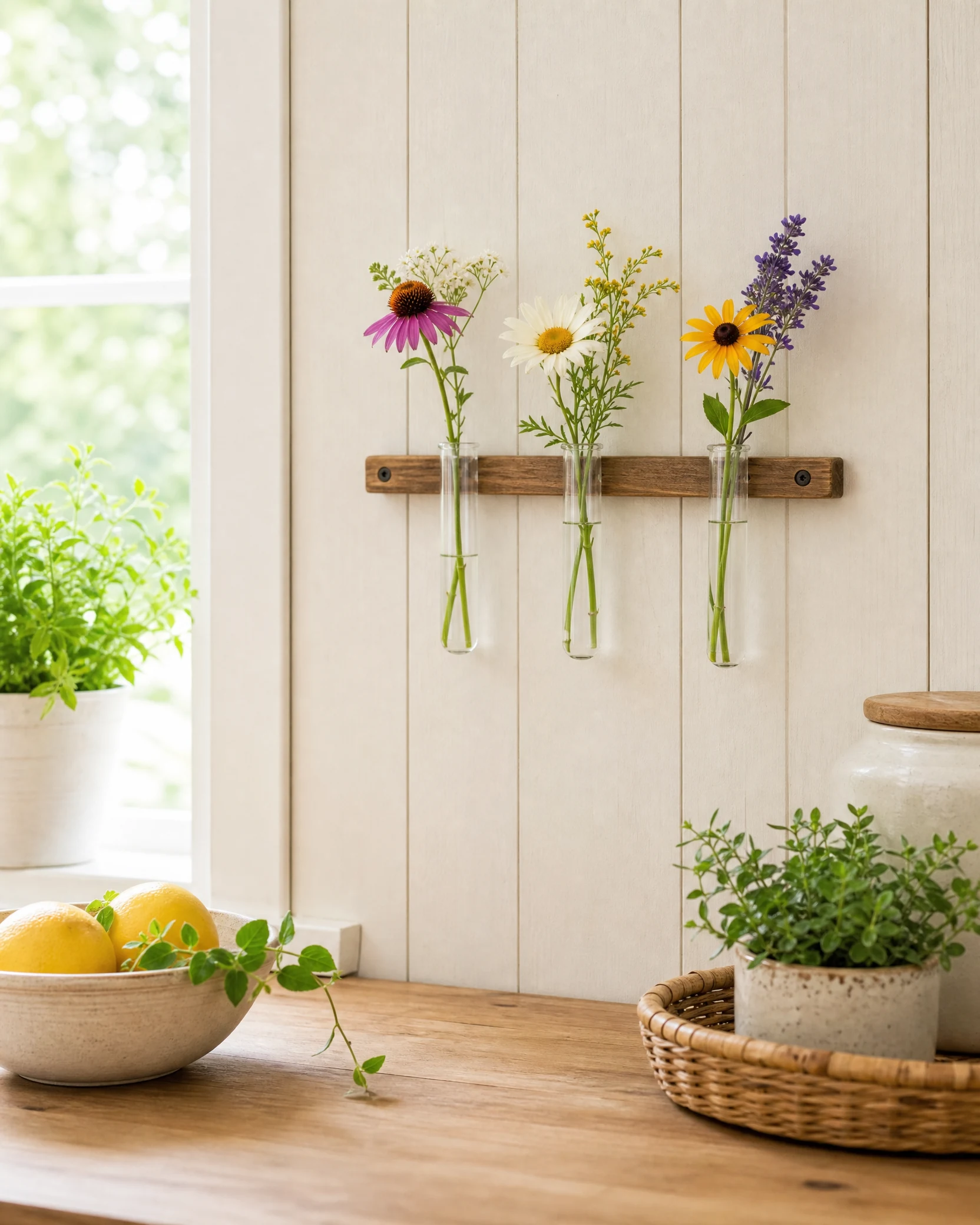 Three hanging glass test-tube vases with colorful single stems