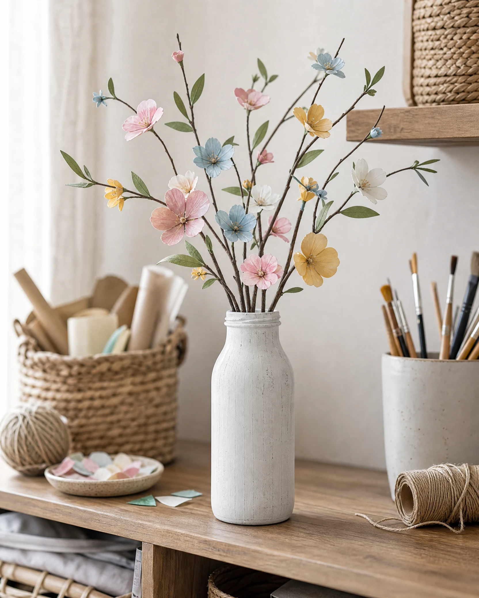 Pastel paper flowers arranged on branches in a craft room