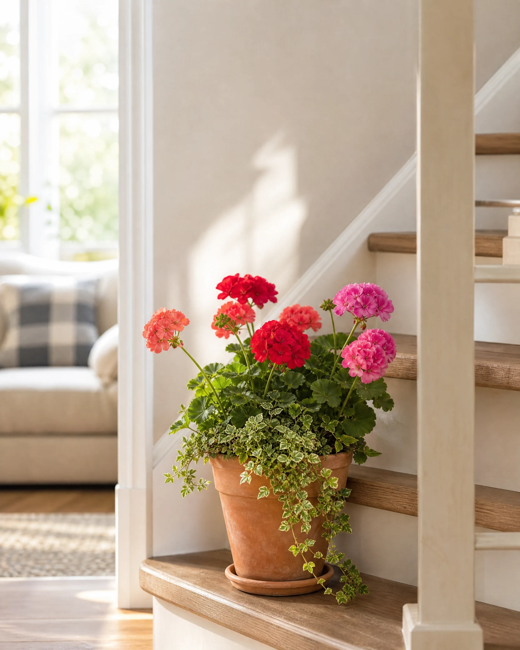 A terracotta pot of colorful geraniums on a staircase landing
