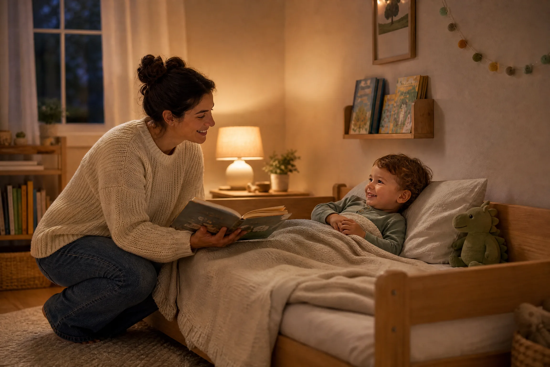 Parent reading a bedtime story beside a toddler settled in a twin bed with warm gentle lighting