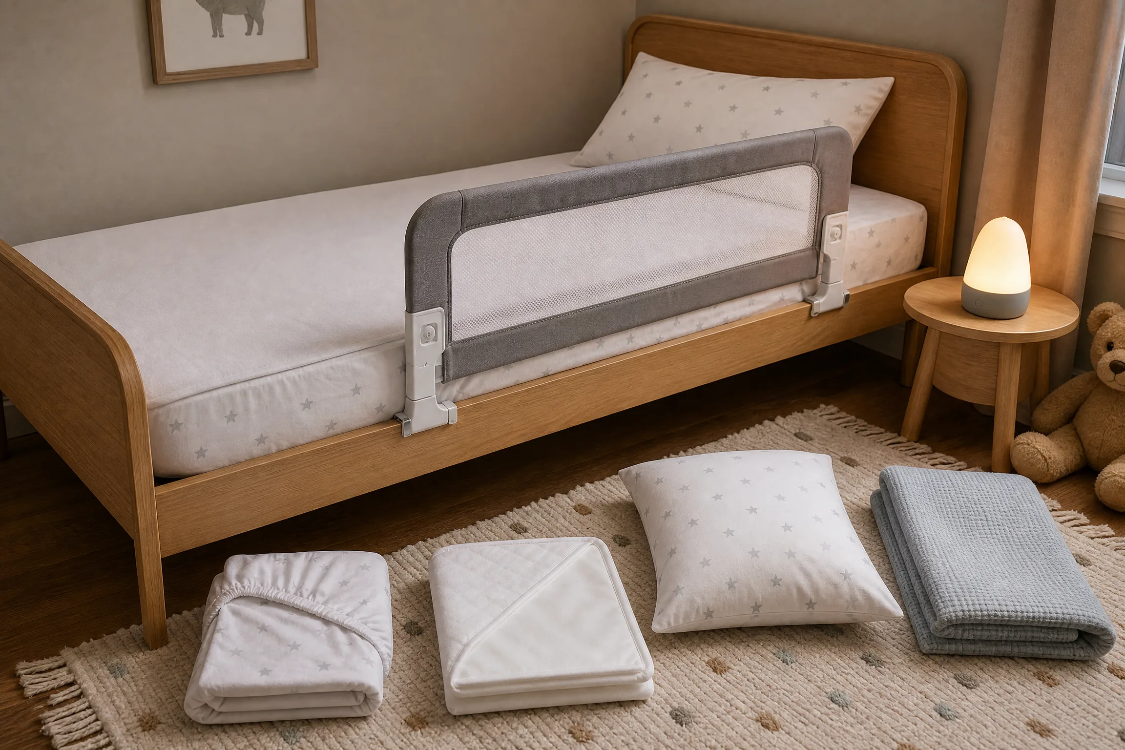 Fitted sheet, washable mattress protector, small pillow, and adjustable bed rail arranged beside a twin bed