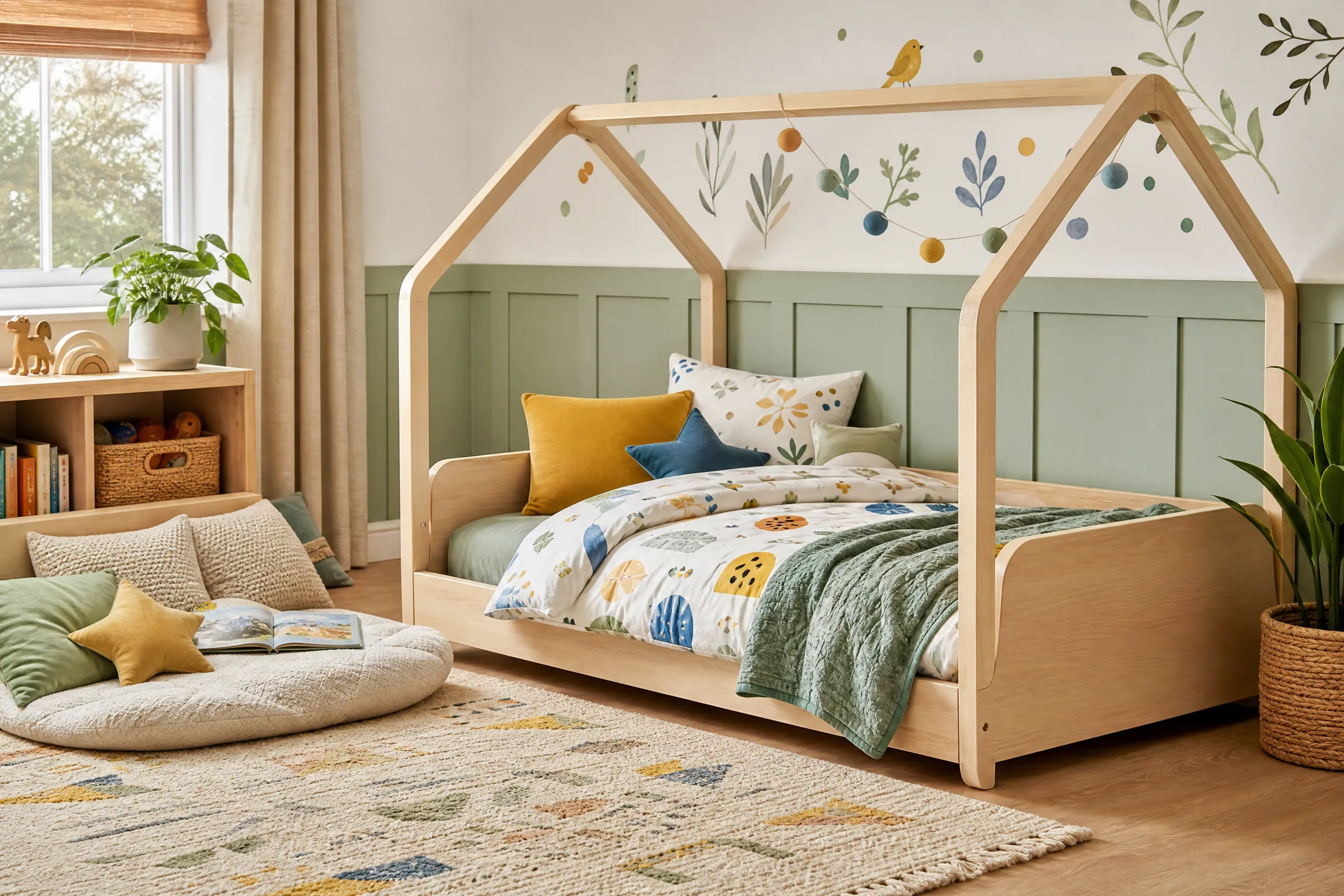 Playful gender-neutral twin bed for a toddler with colorful bedding and simple removable decor