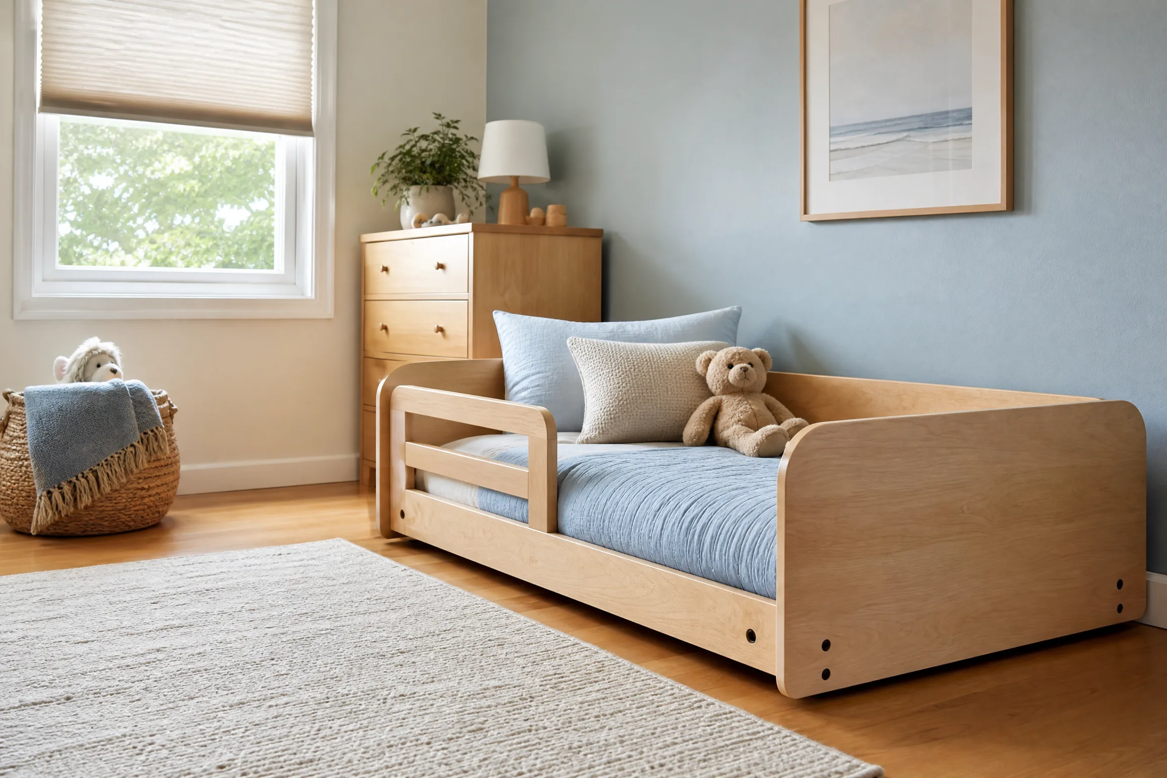 Low-profile twin bed frame with rounded corners and side rails in a minimalist toddler room