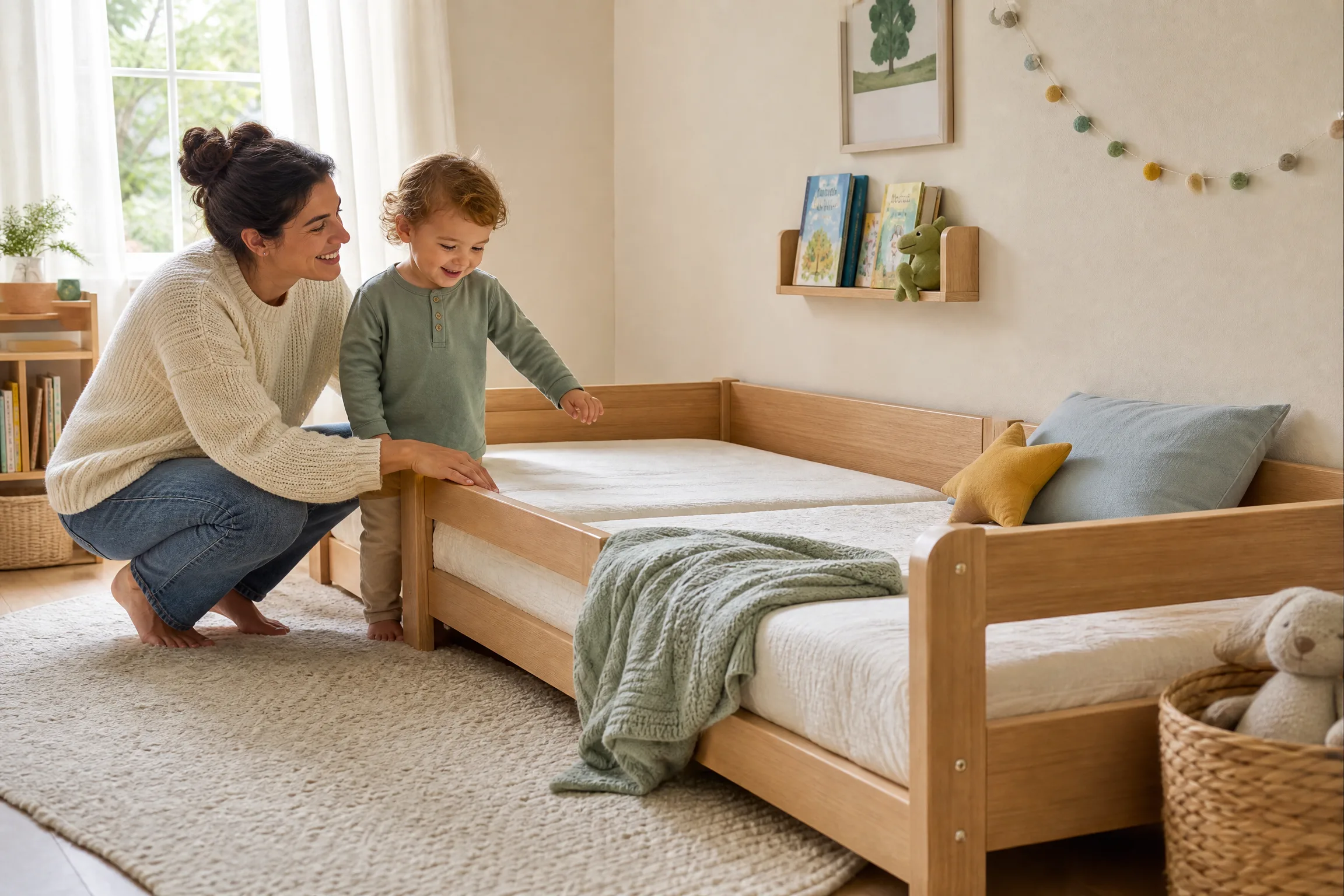 Parent and toddler comparing a low twin bed in a bright child’s bedroom