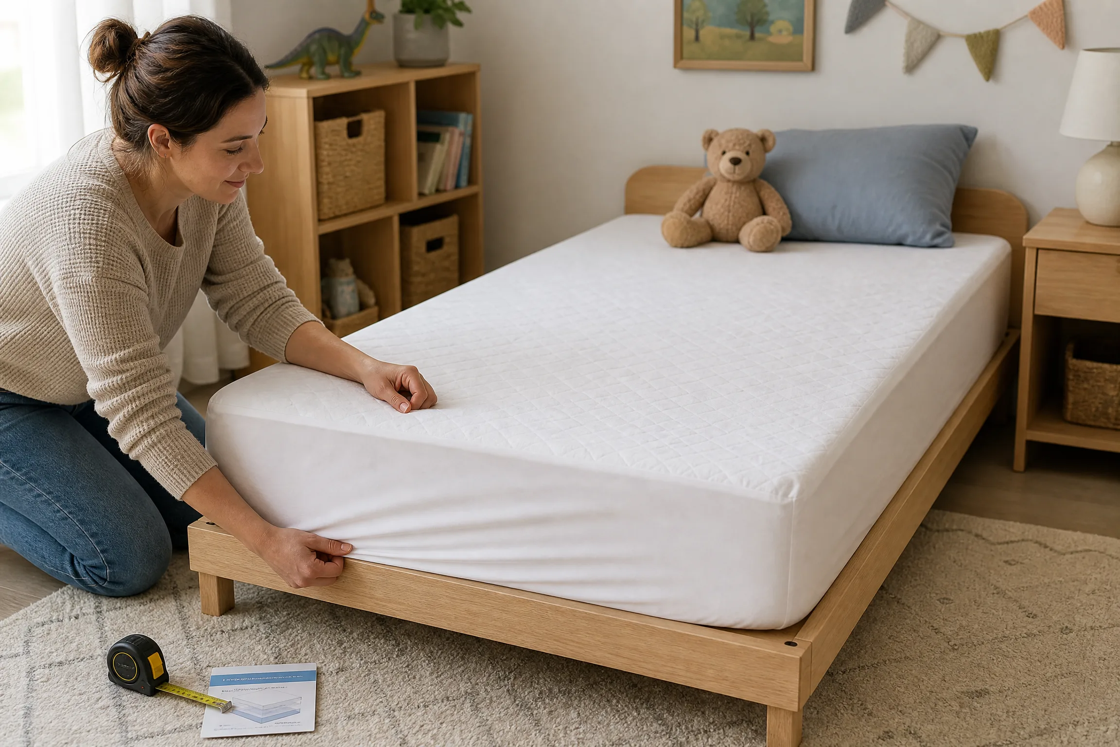 Child-friendly twin mattress with a fitted washable cover being prepared on a low bed