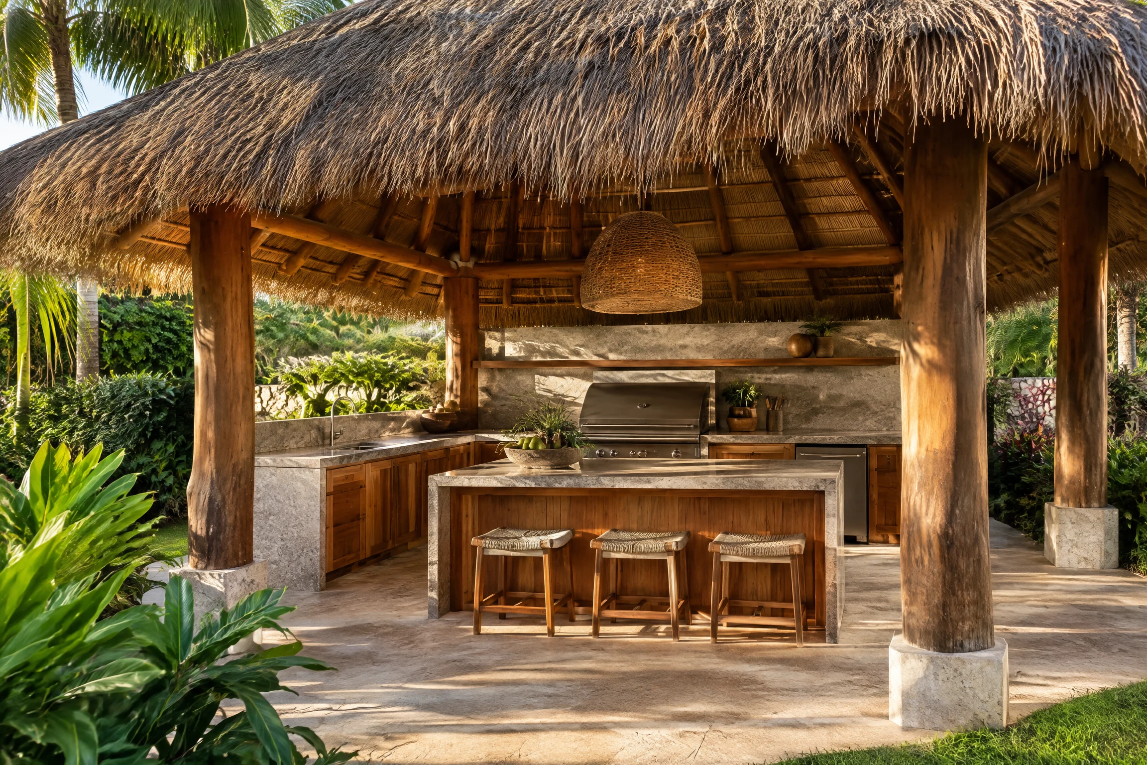 Thatched-roof palapa outdoor kitchen with warm wood and stone counters