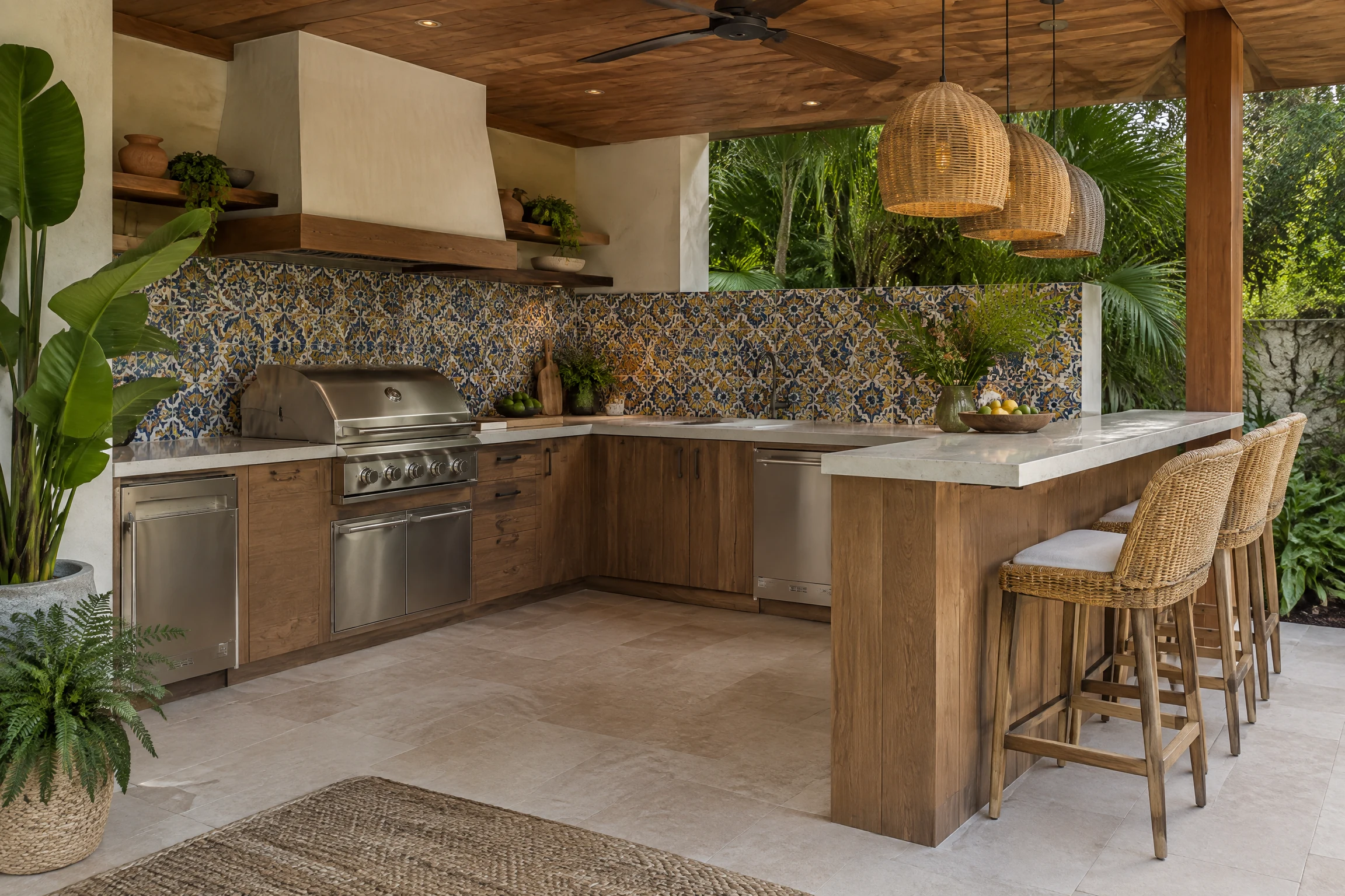 L-shaped outdoor kitchen with colorful tile backsplash and rattan stools