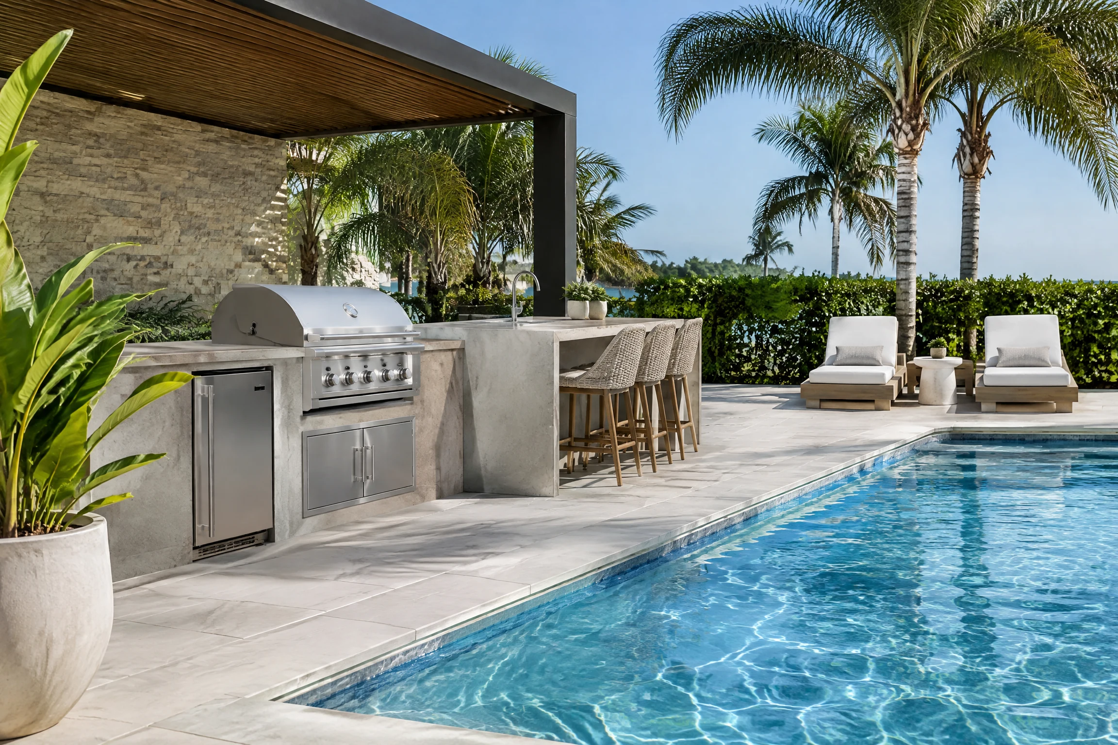 Modern poolside outdoor BBQ kitchen with concrete island