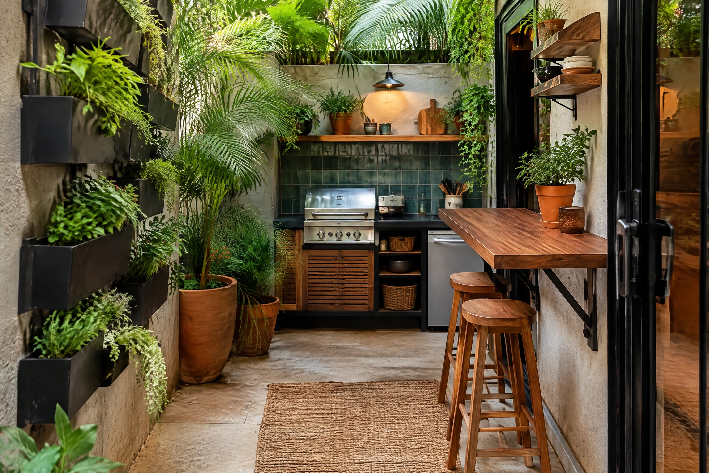 Compact tropical outdoor kitchen in a narrow courtyard with vertical planters