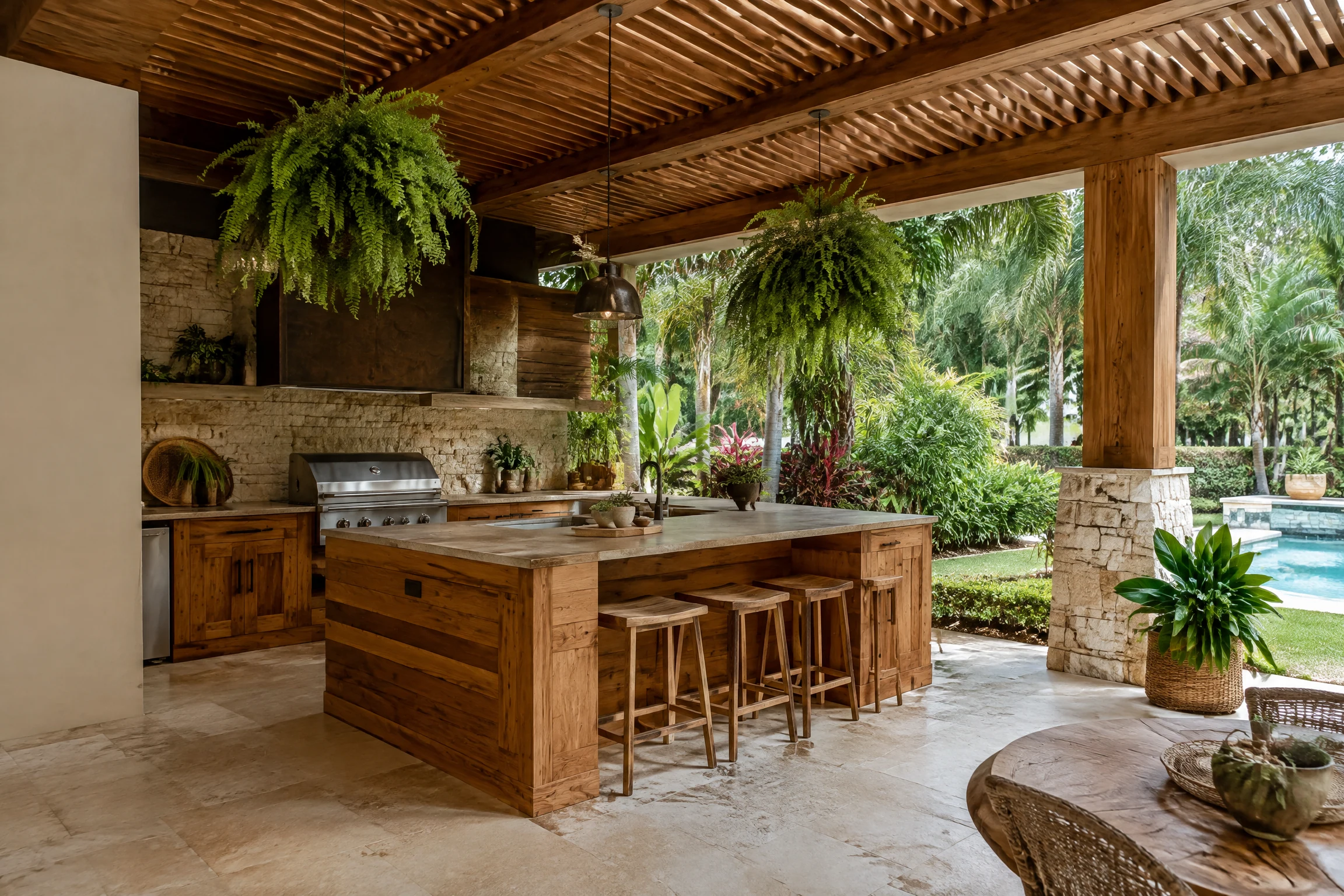 Cypress outdoor kitchen under a pergola with hanging ferns