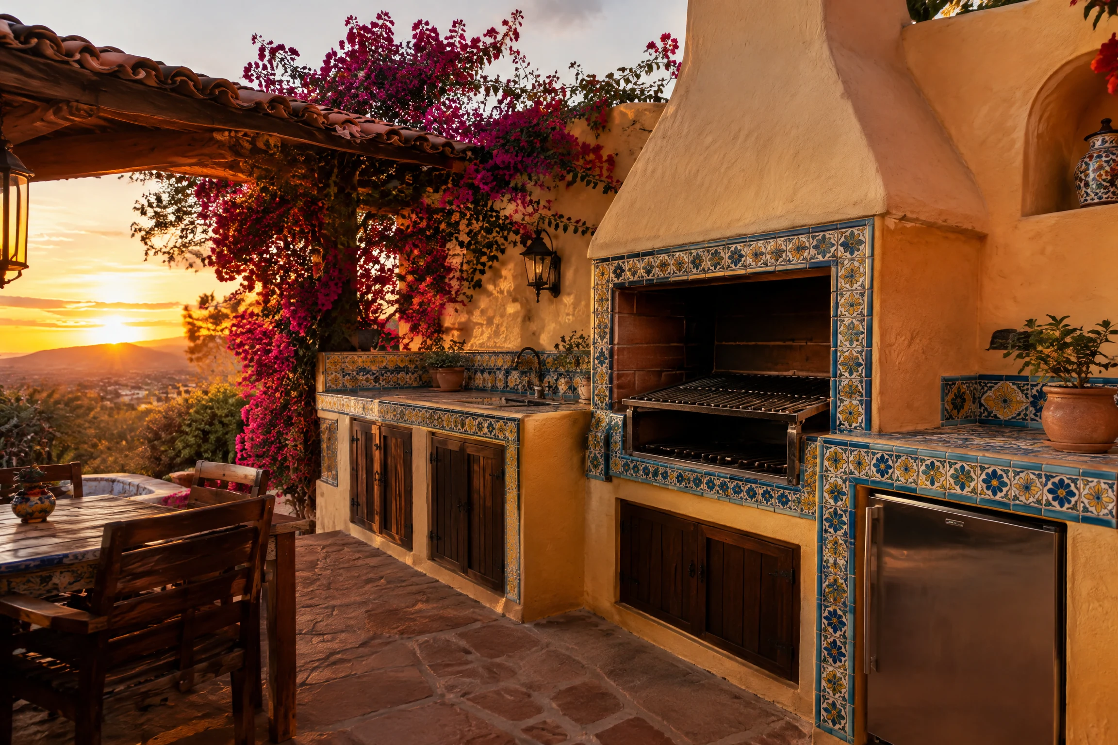 Mexican-inspired outdoor kitchen with vivid traditional tile and built-in grill