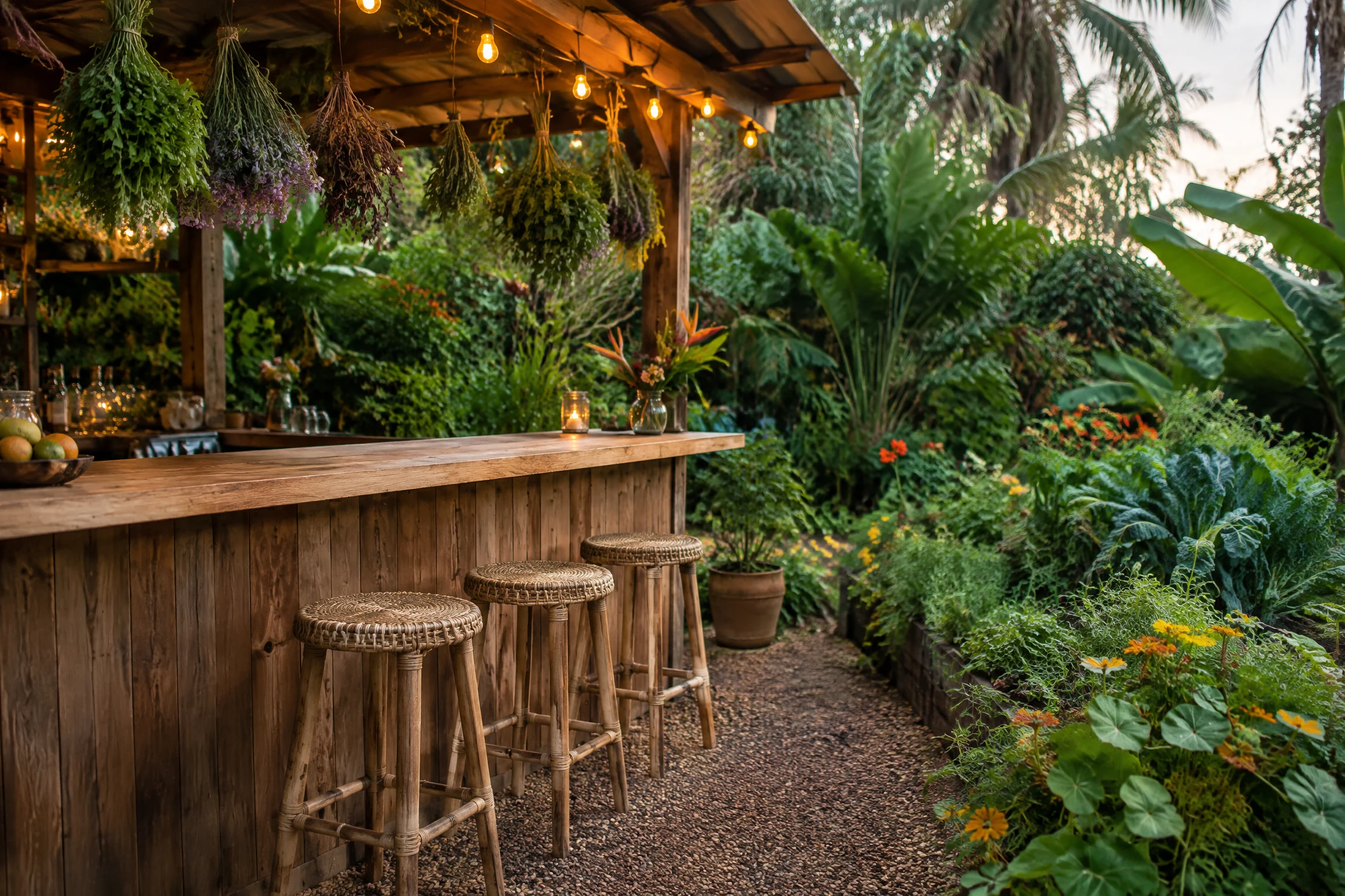 Garden bar beside a thriving tropical vegetable and flower garden