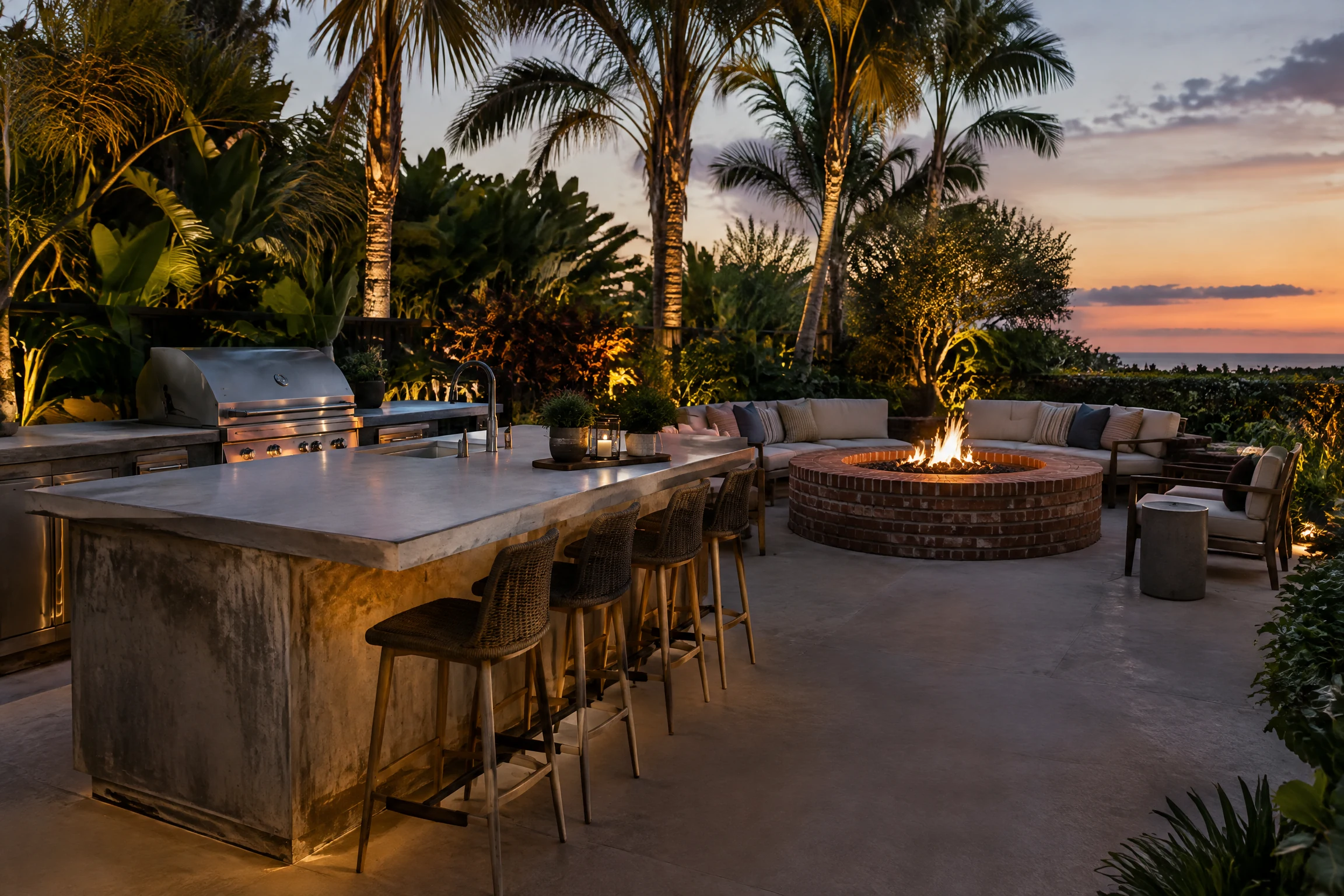Concrete outdoor kitchen island beside a brick fire pit at twilight