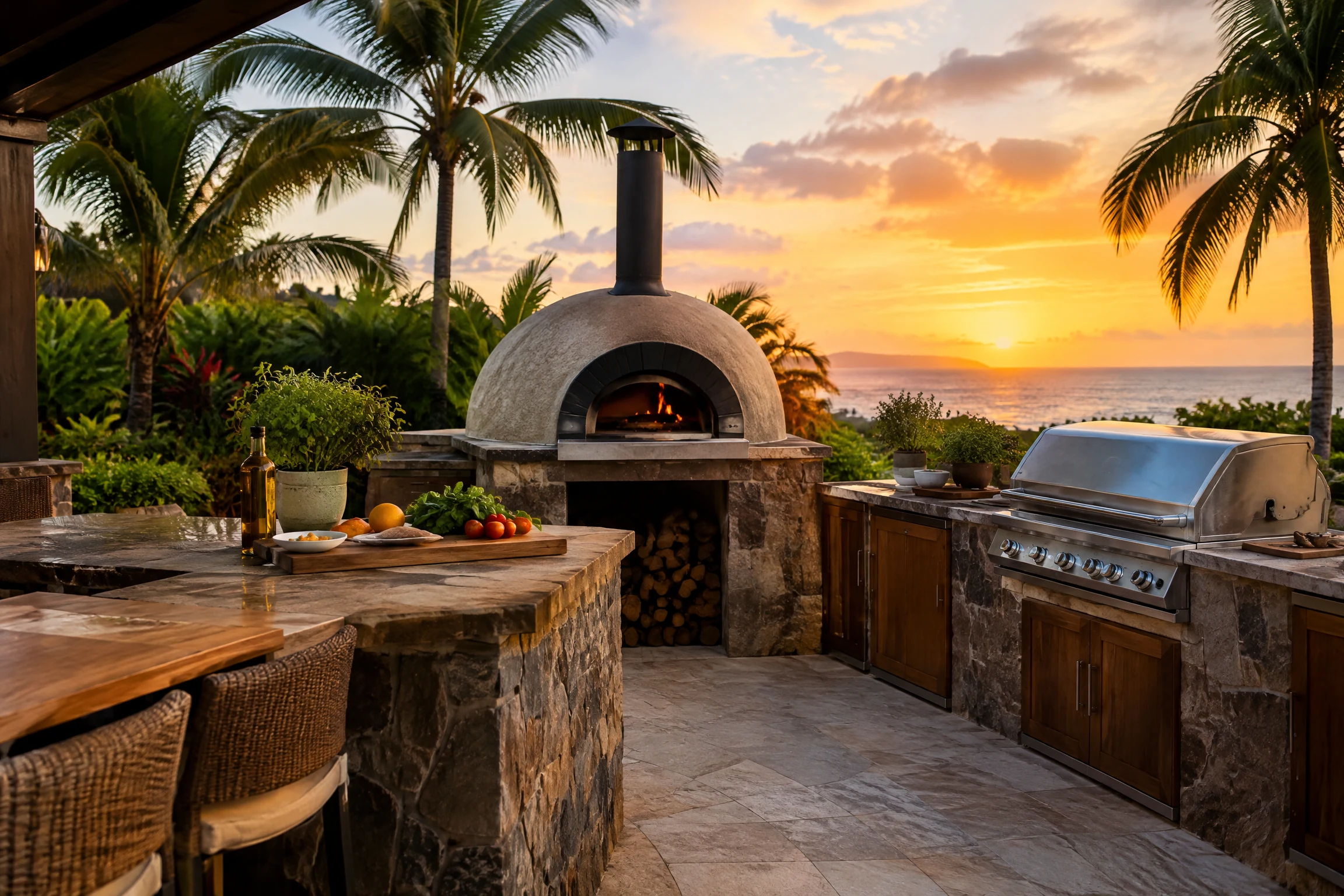 Tropical outdoor cooking space with wood-fired pizza oven and built-in BBQ