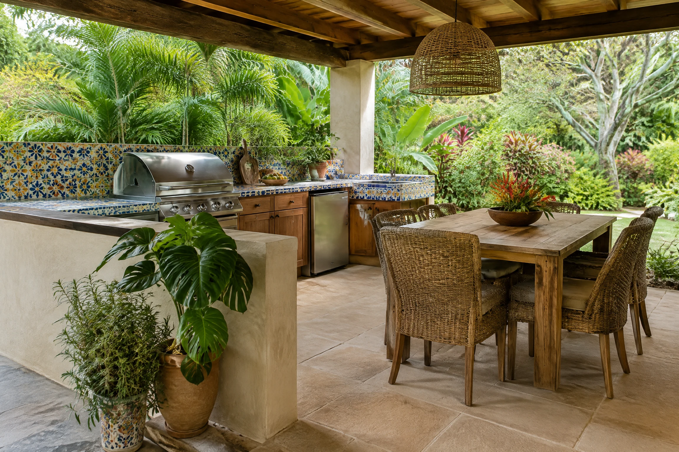 Outdoor kitchen behind a low stucco half wall with colorful tile