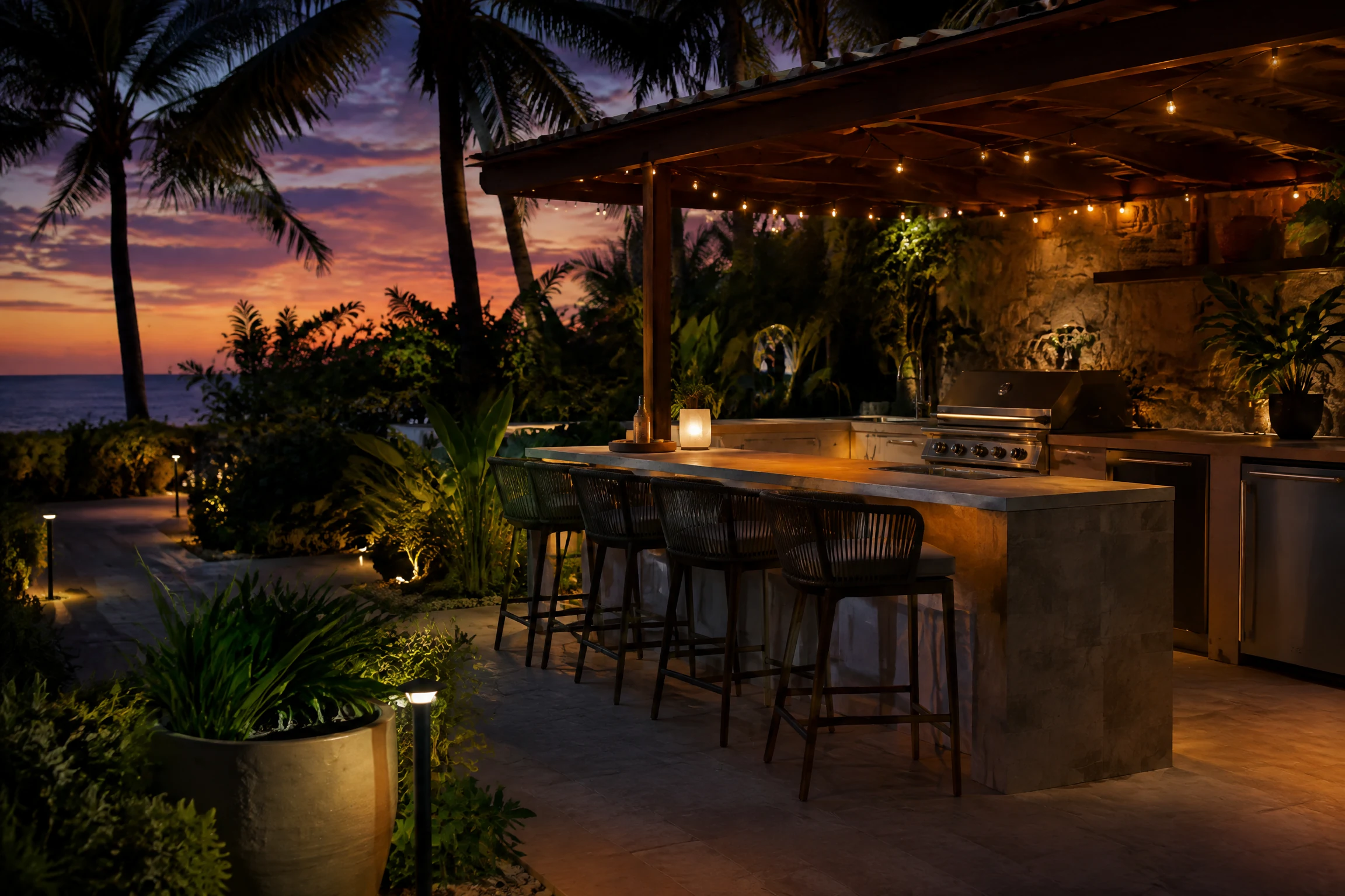 Tropical outdoor kitchen at dusk with string lights and intimate bar seating