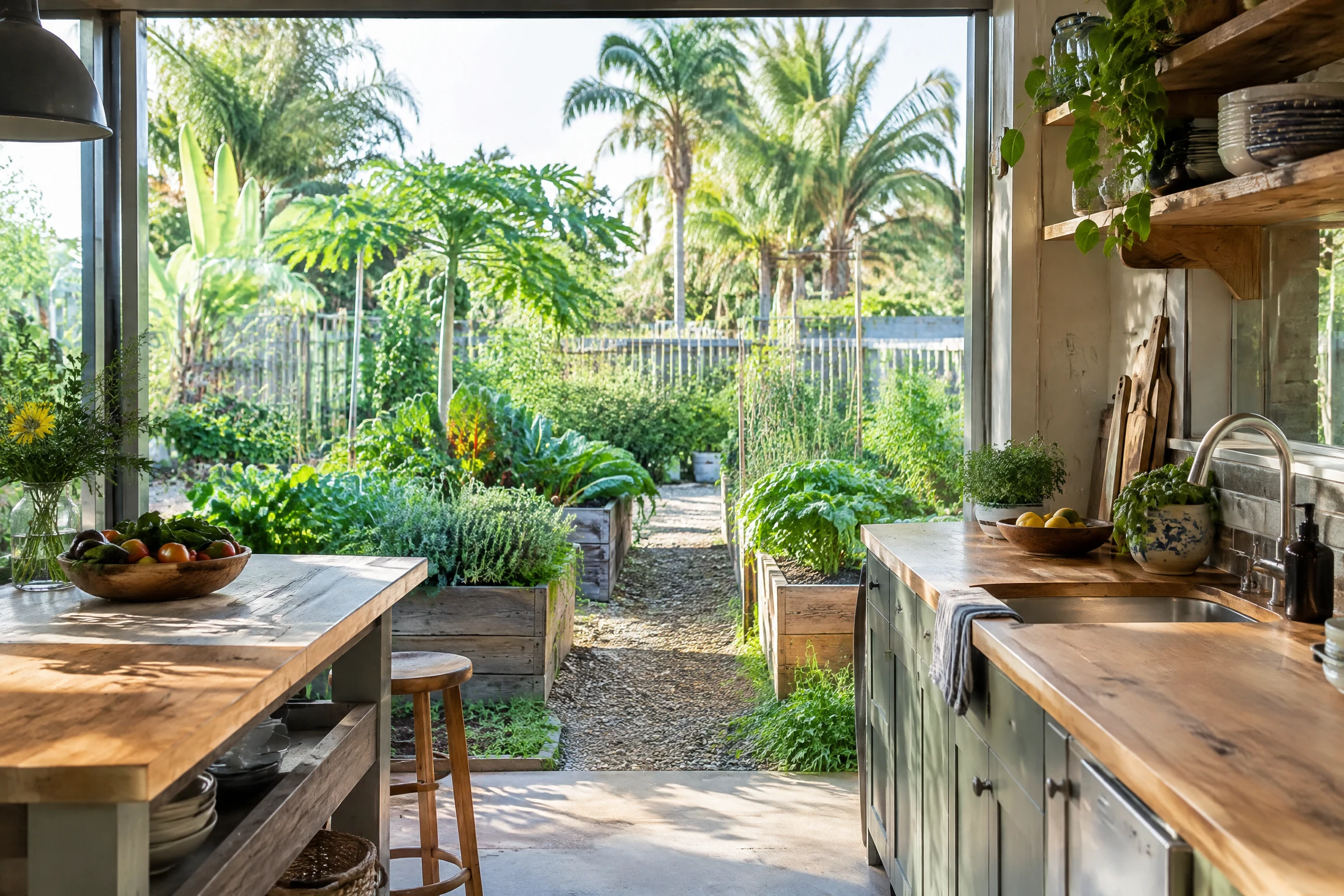 Backyard kitchen opening to a tropical vegetable garden with raised planters