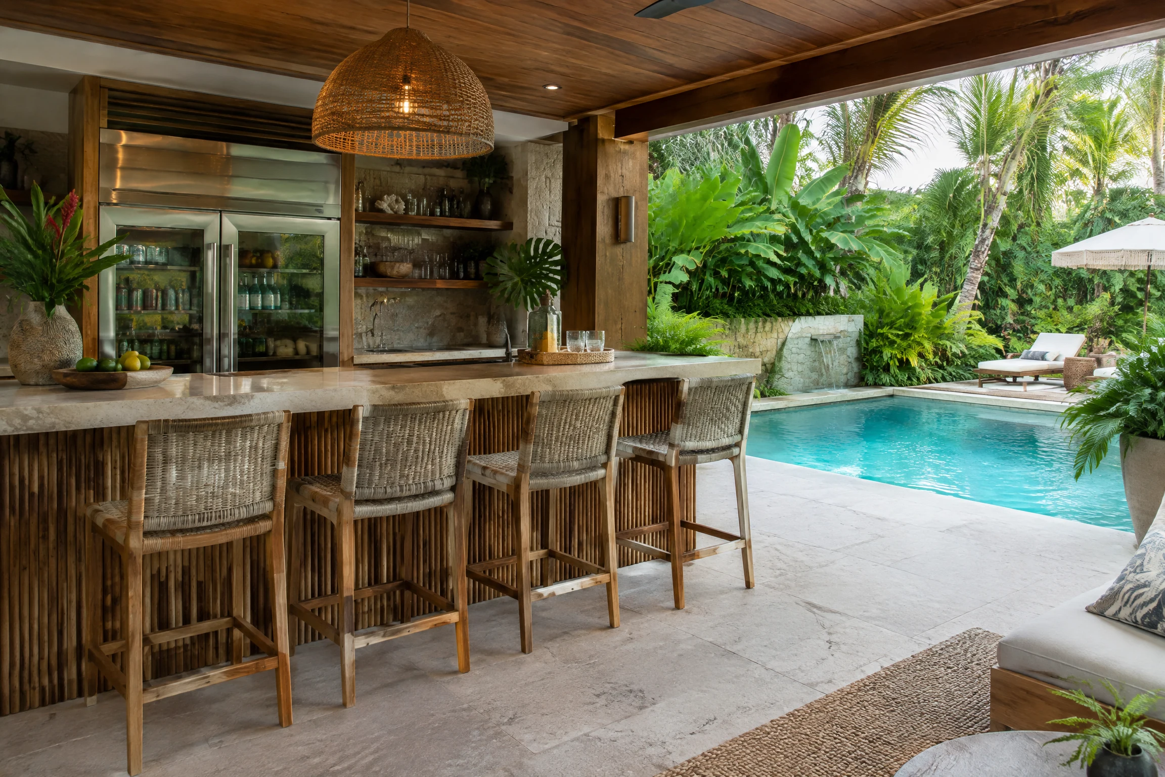 Poolhouse bar with outdoor refrigerator, woven light, and turquoise pool