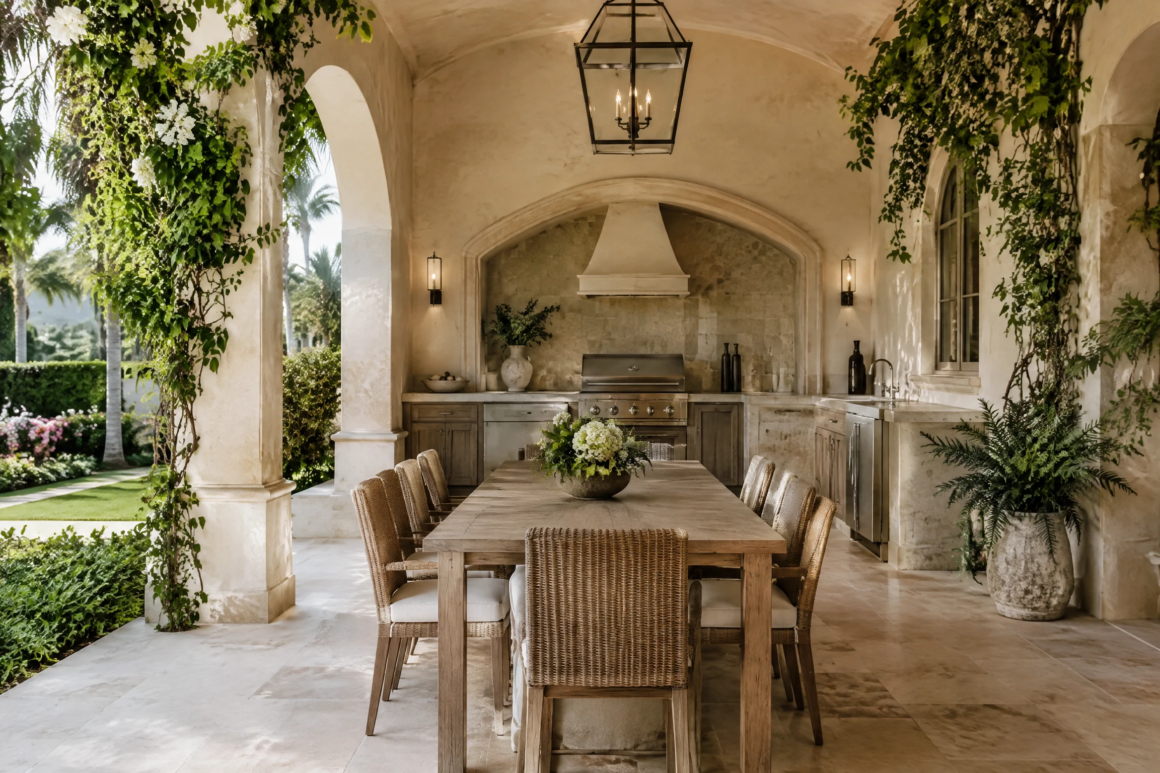 French-villa-inspired outdoor kitchen with pale stone and arched openings