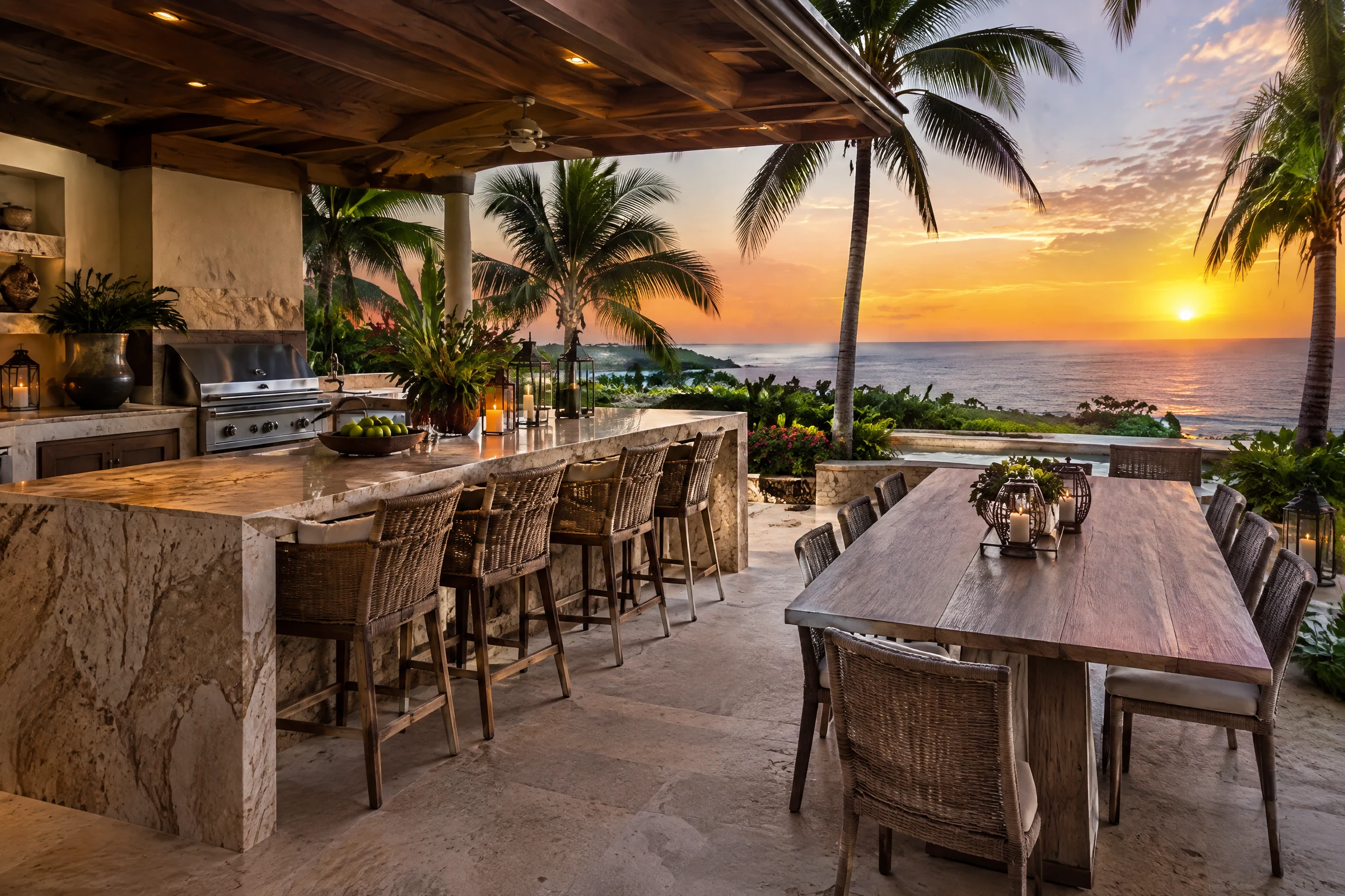 Tropical outdoor kitchen and bar overlooking an ocean sunset