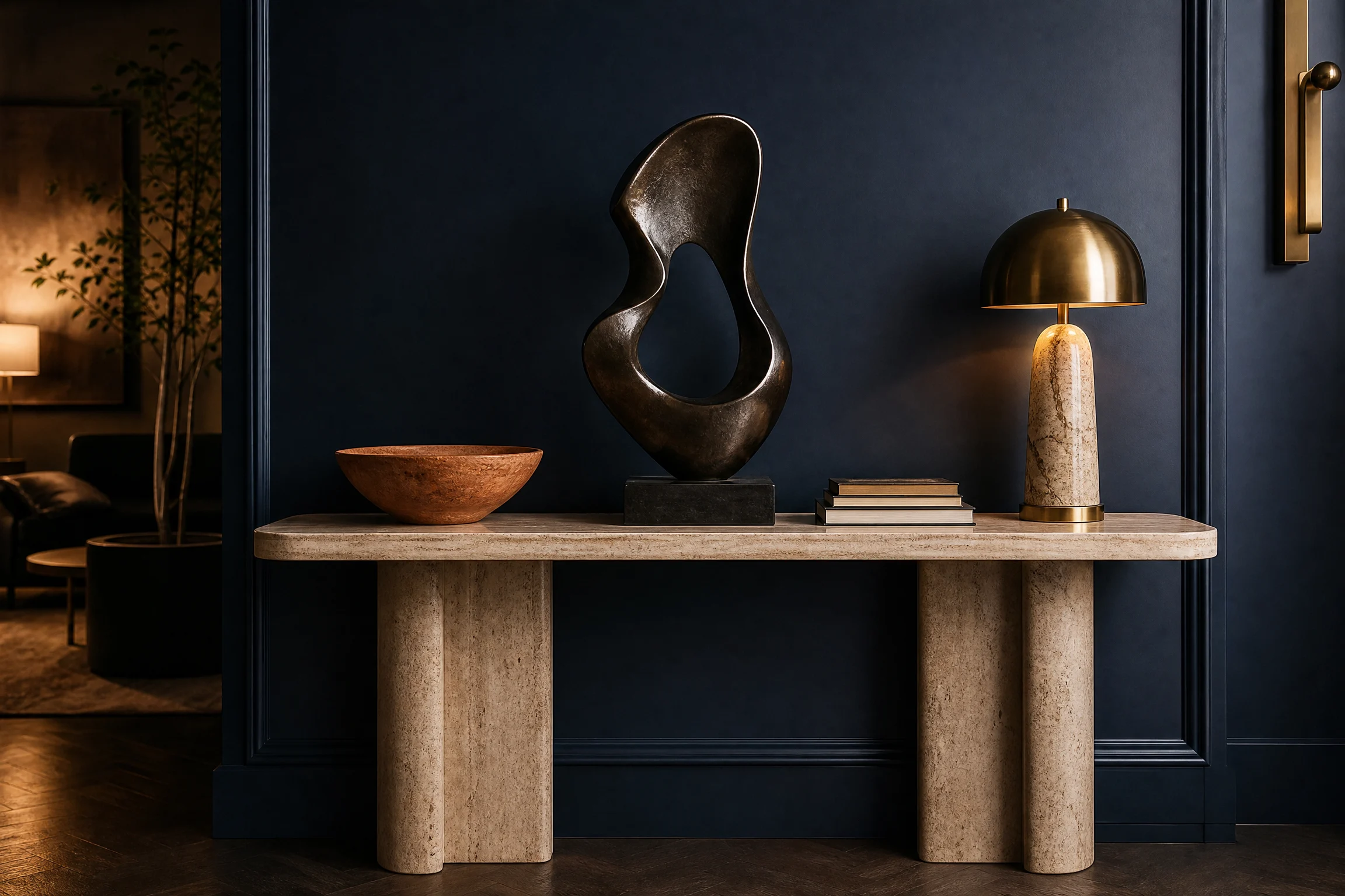 Dark bronze abstract sculpture styled on a travertine entryway console