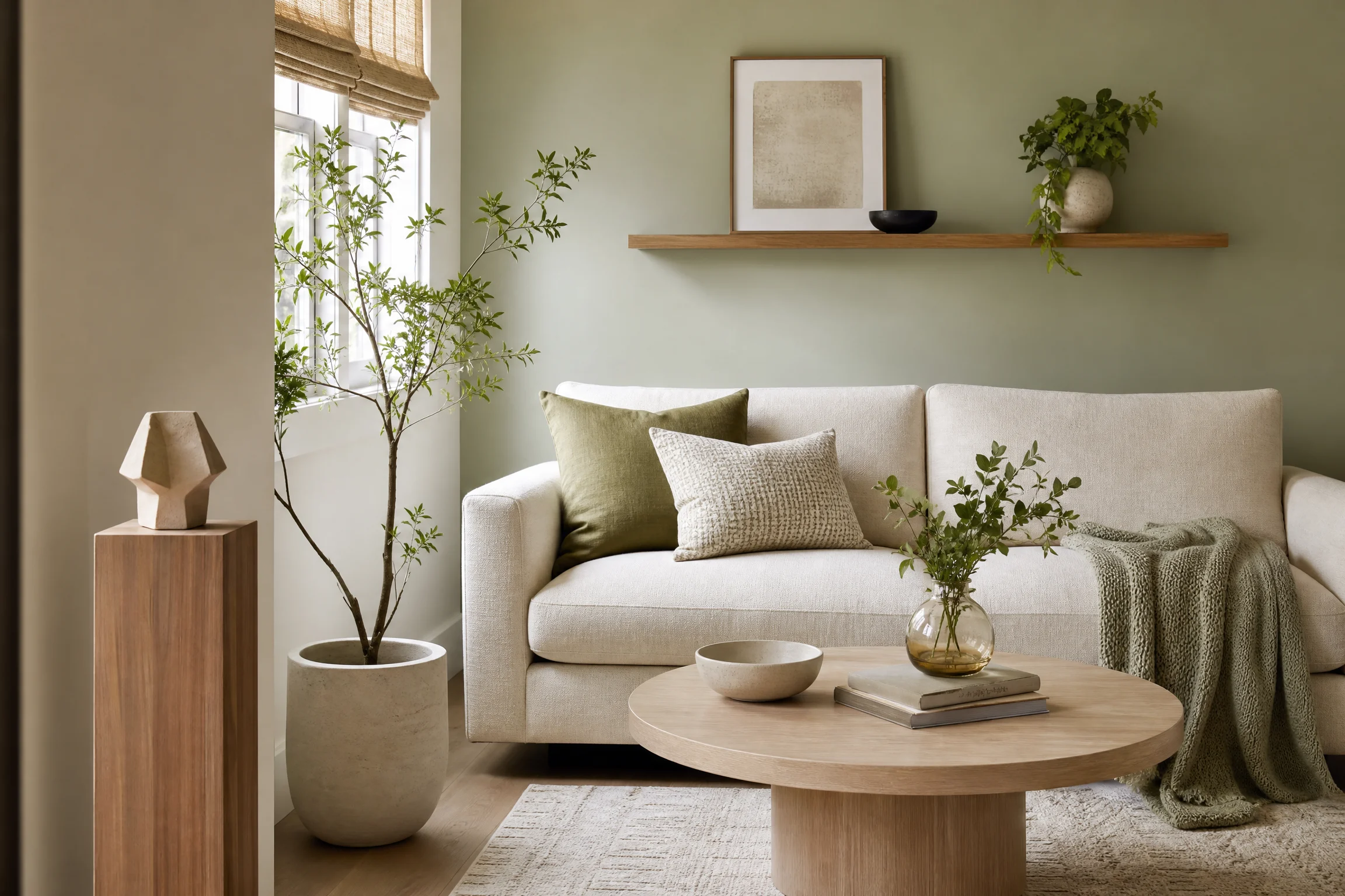 Small geometric sculpture on a slim pedestal in a compact sage-green living room