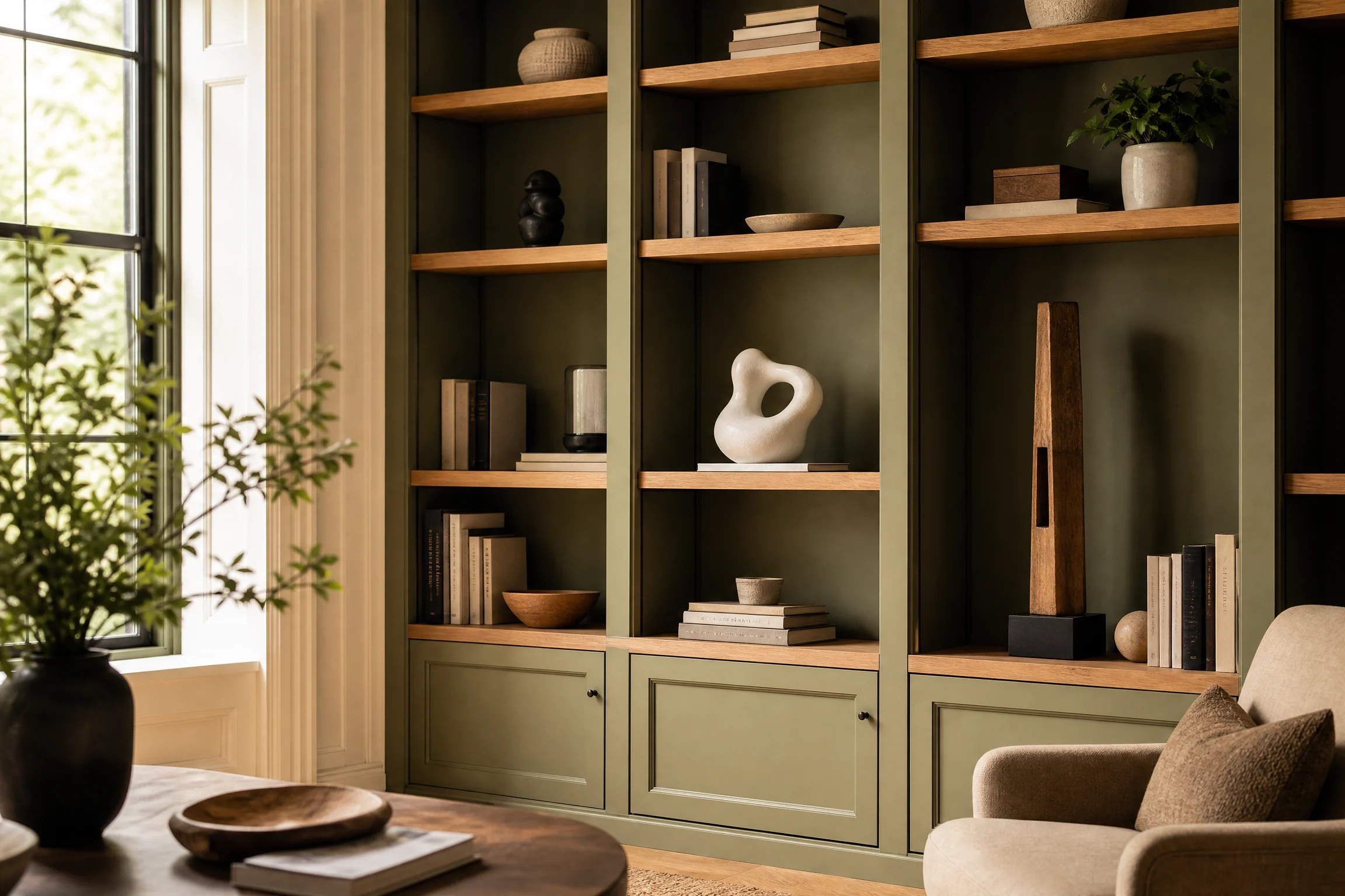 Olive-green built-in bookshelves styled with sculptures and books