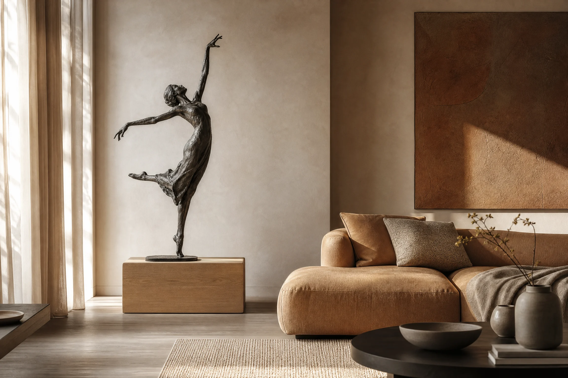 Dancer statue displayed on a pale oak plinth in a warm modern living room
